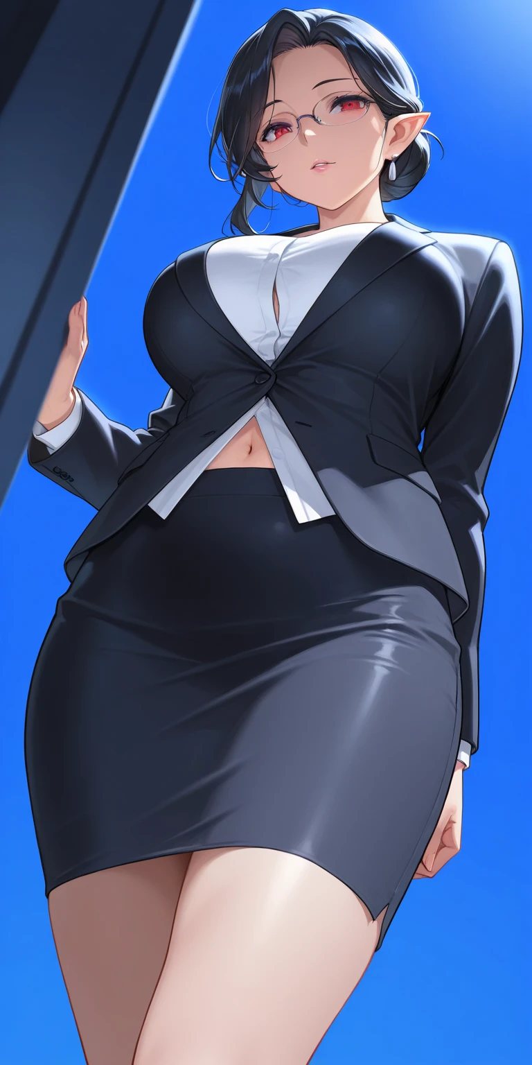 masterpiece, best quality,1girl, black hair, short hair, brown eyes, glasses, miniskirt, open jacket, blazer, smile, indoors, office,