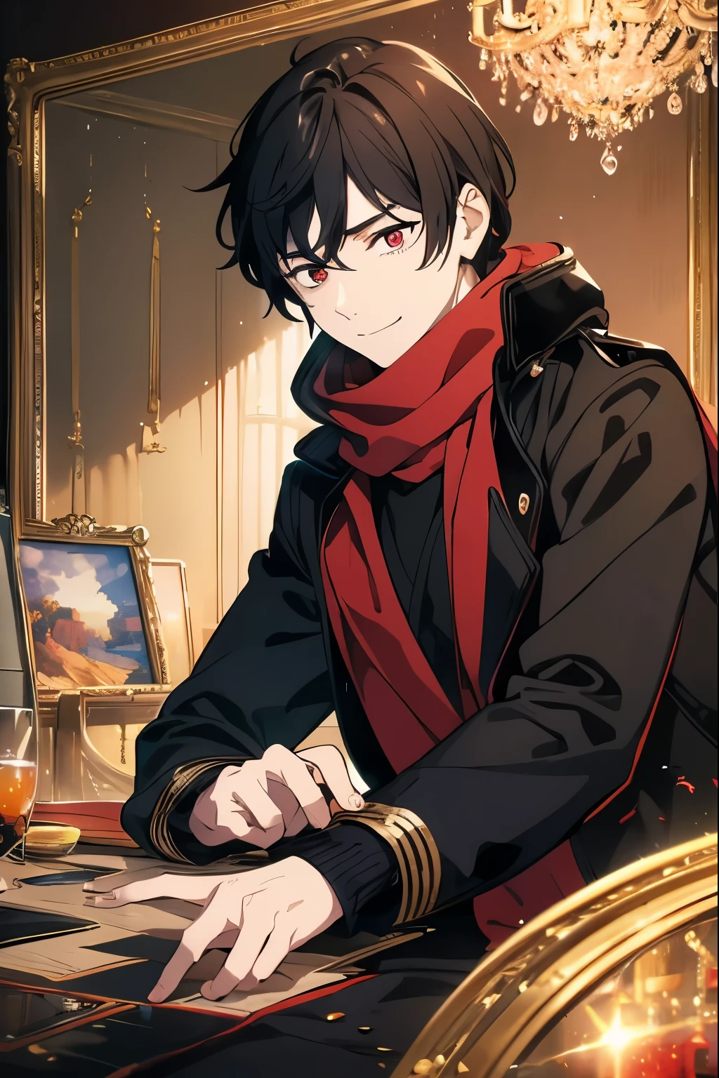 3 man sitting, aesthetic, bar in brown colors. Weak warm light
1boy, black eyes, black hair, black shirt, closed mouth, cross, cross necklace, grey eyes, hair over one eye, jewelry, multicolored hair, necklace, short hair, turtleneck, wery big black coat, wery long coat. Holds in his hands a glass glass with pomegranate red translucent juice
1 man with wery long black hair and red eyes. clothed in black sleeveless bodysuit, jeans. Holds wine in a glass goblet, in glass is a cinnamon stick
1 man with short blond hair and two long strands of hair on the sides of his face, in the middle of the bangs, the strand is black. black eyes. big blue coat, white t-shirt, black. turtleneck, black jeans. Holds wine in glass goblet, in the glass there is a cinnamon stick.
New Year's aesthetics