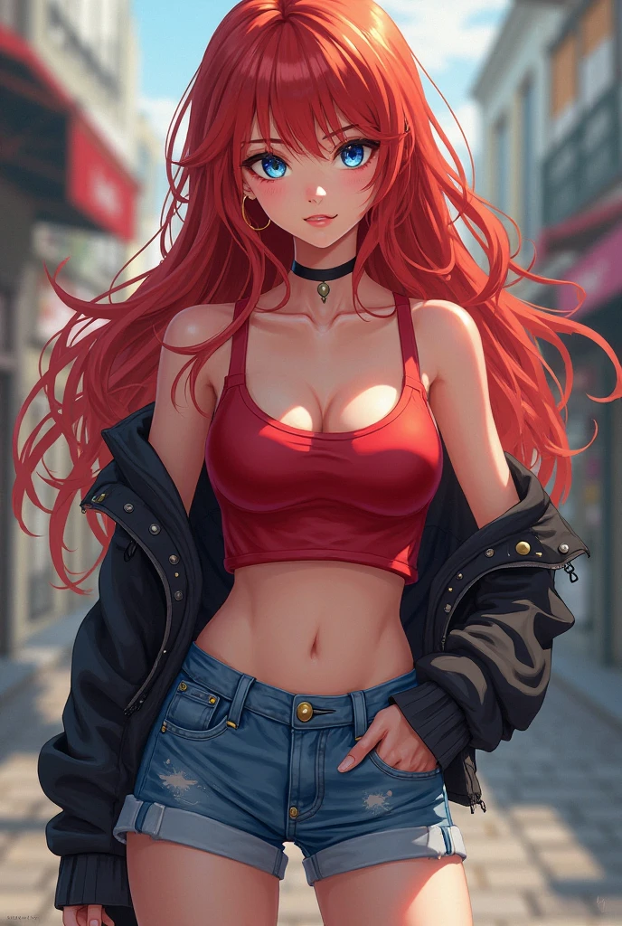A woman with red hair, blue colored eyes, three little lines on the cheeks, half blonde bangs, wearing a black crop top with lace and denim shorts. anime styling