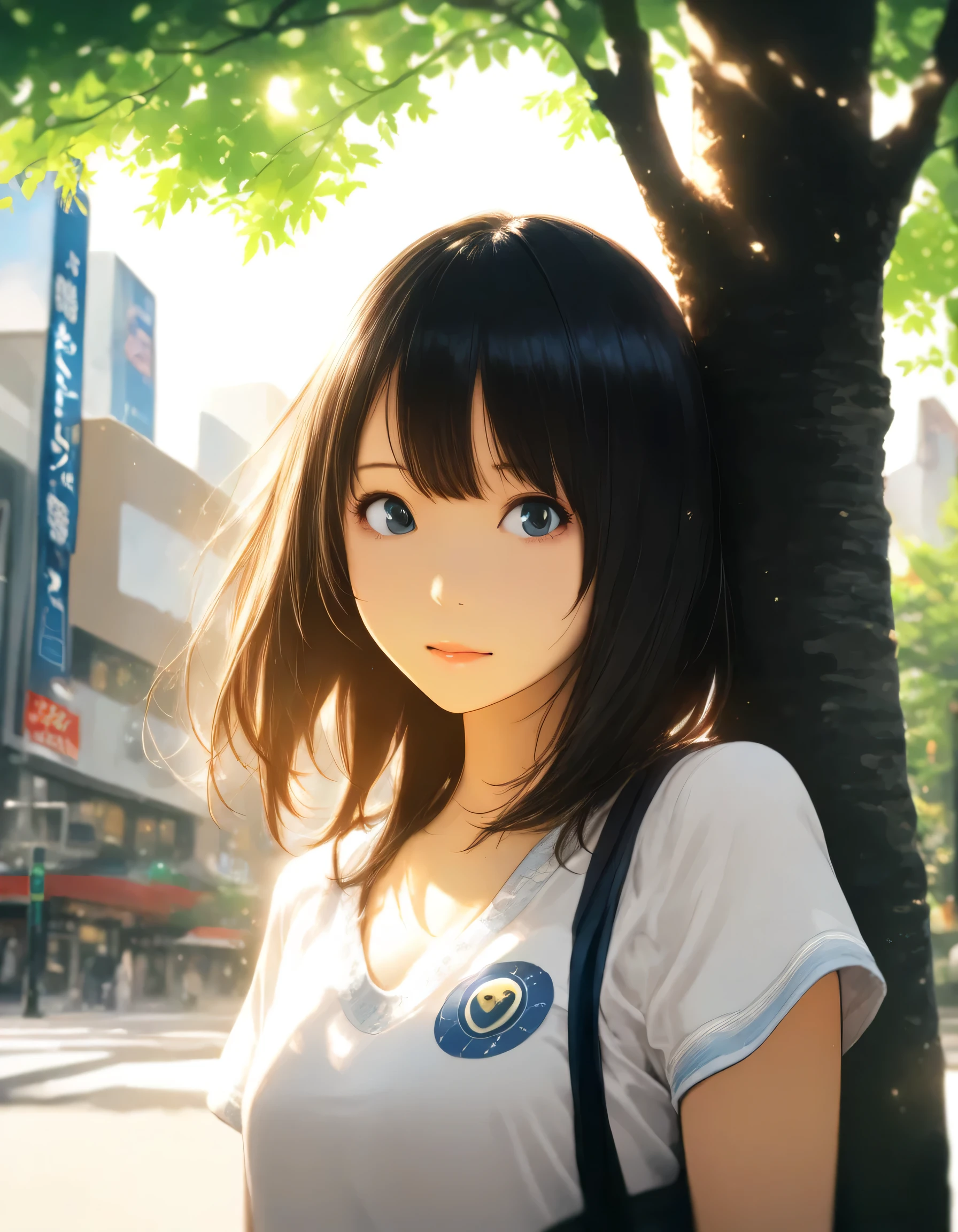 1girl, persona, year 2016, upper body, Shibuya, street tree, morning sunshine, masterpiece, high score, great score, absurdres, 16k, super detail