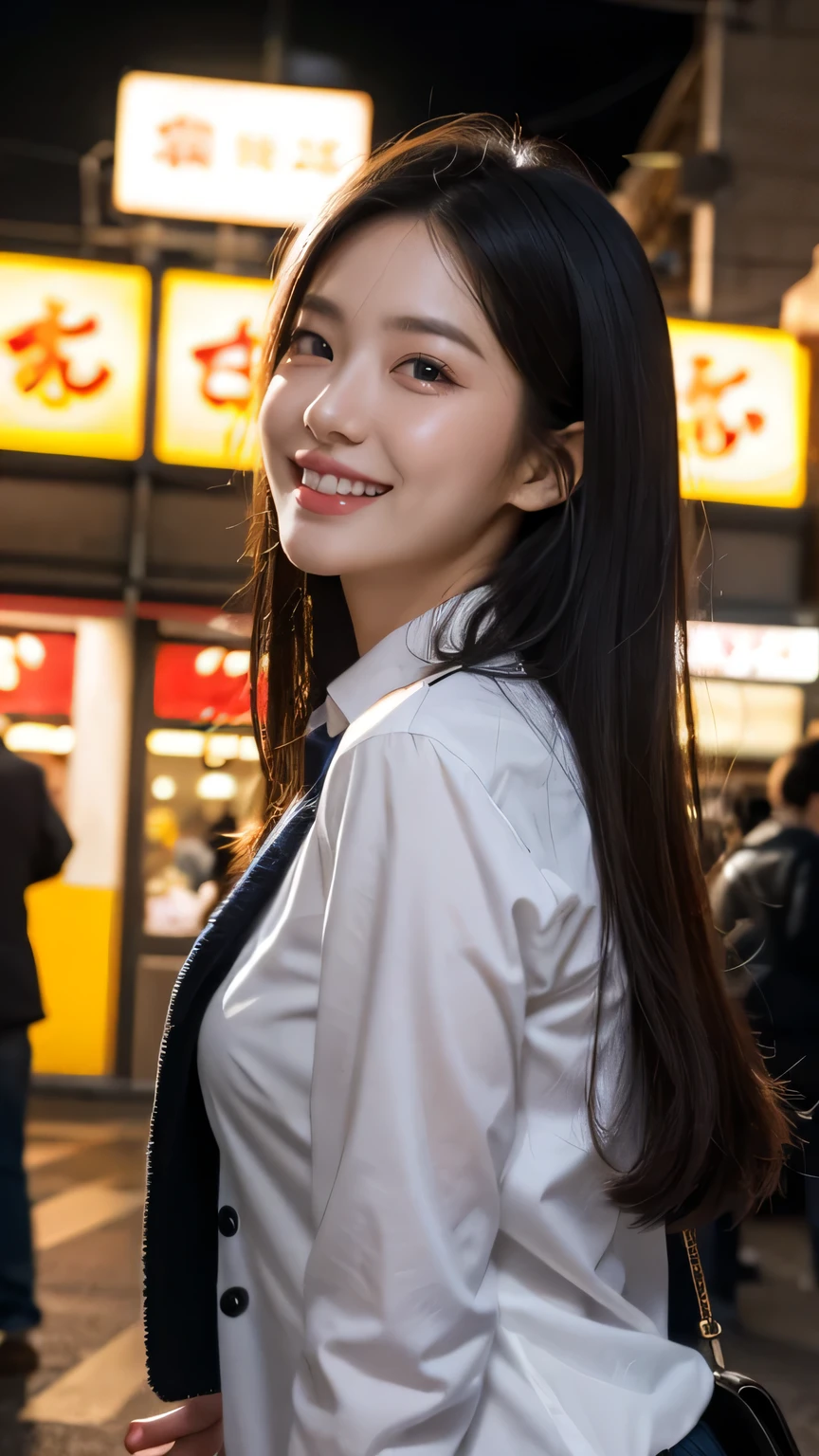 (masterpiece), best quality, ultra high res, close up, slim body, 1girl,school uniform, long hair, laughing, ramen, night, Tokyo restaurant background, colorful lights, photon mapping, radiosity, physically-based rendering, cinematic lighting, intricate, High Detail, Sharp focus, dramatic, photorealistic