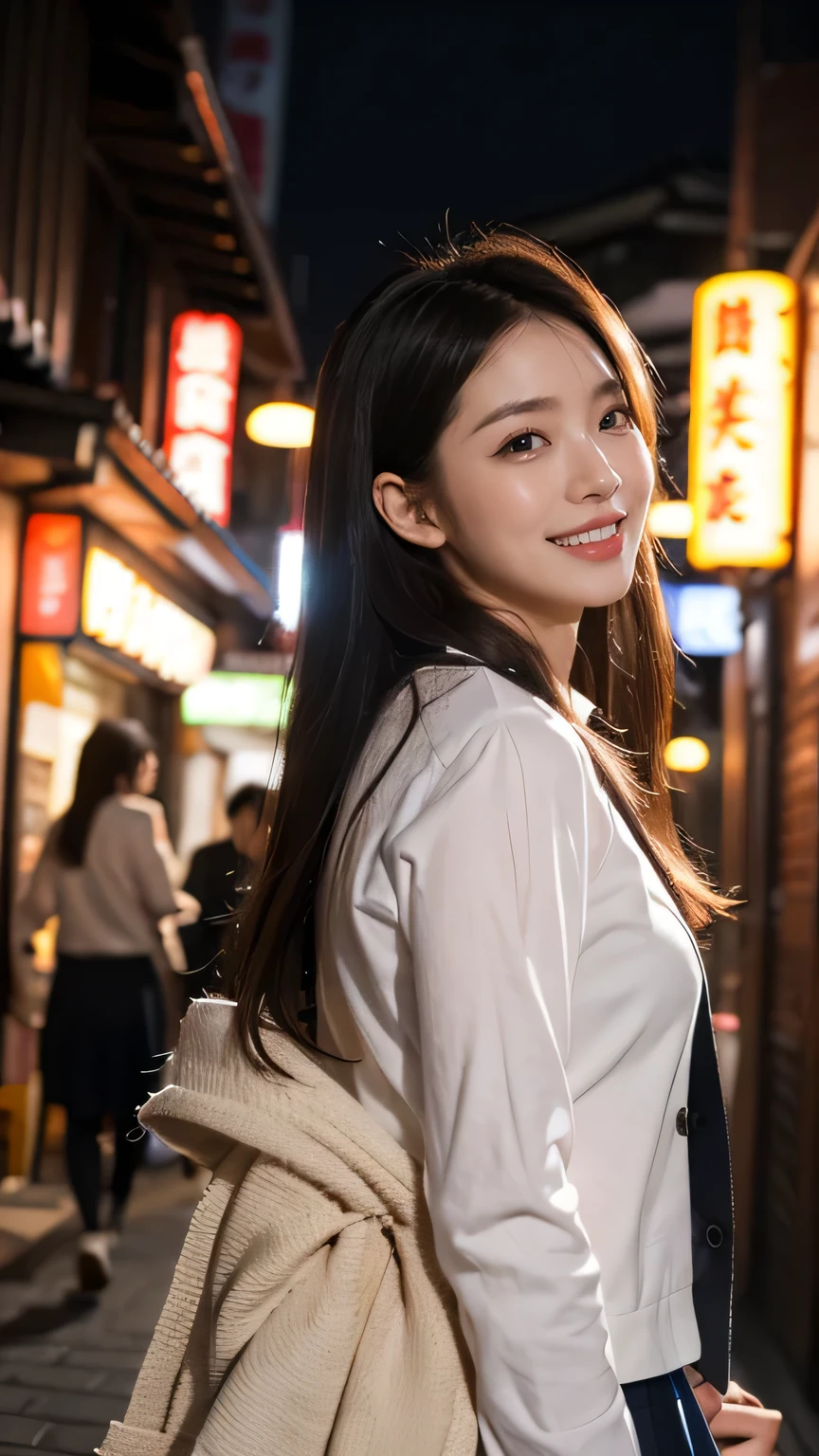 (masterpiece), best quality, ultra high res, close up, slim body, 1girl,school uniform, long hair, laughing, ramen, night, Tokyo restaurant background, colorful lights, photon mapping, radiosity, physically-based rendering, cinematic lighting, intricate, High Detail, Sharp focus, dramatic, photorealistic