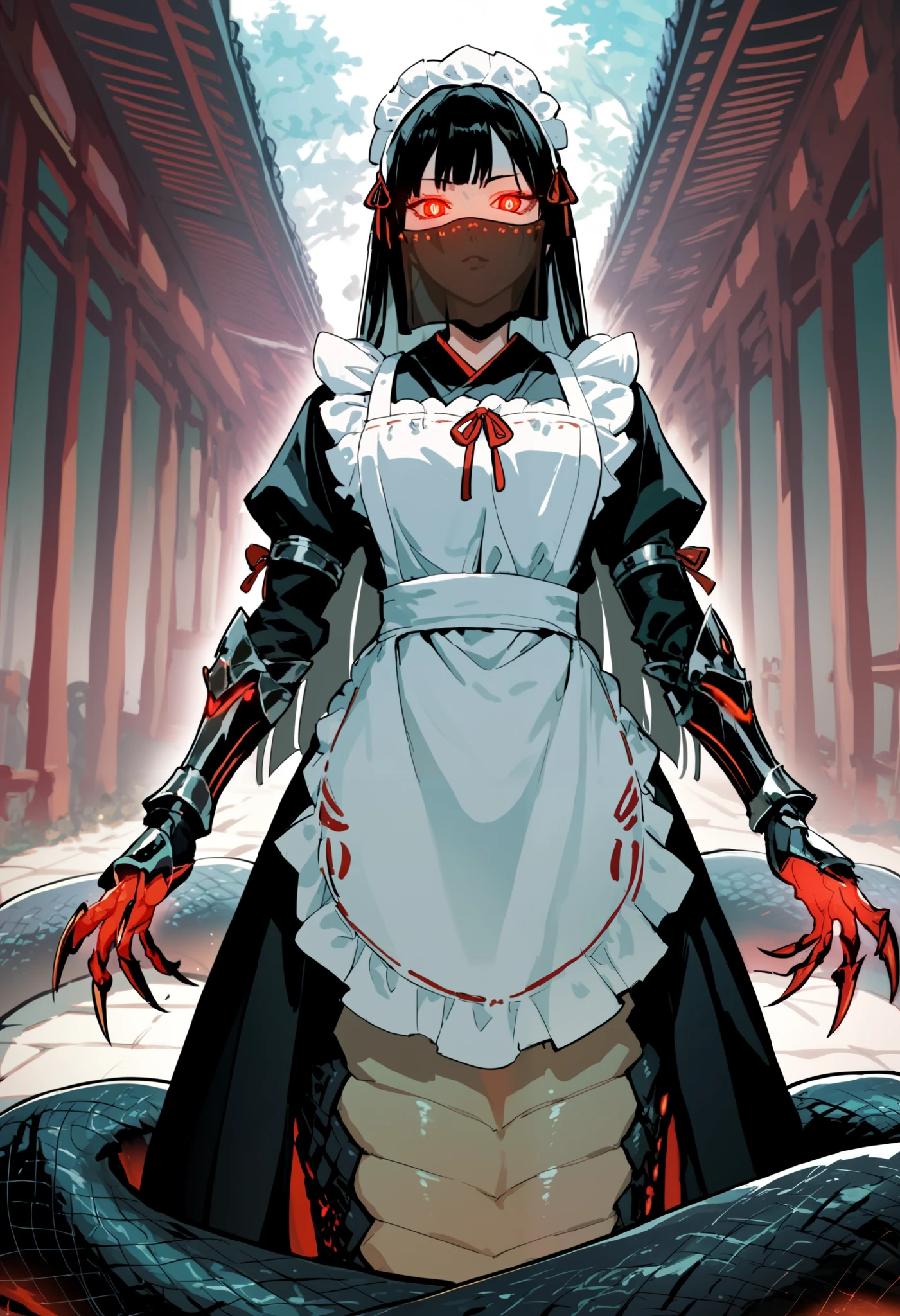 Lamia-style girl. Black snake body. Black straight hair. Face veil. Japanese maid outfit. Armored hand.. Spiky. Red glowing lines. Sharp claws. Glowing eyes. Cat pupils. Japanese-style architecture.