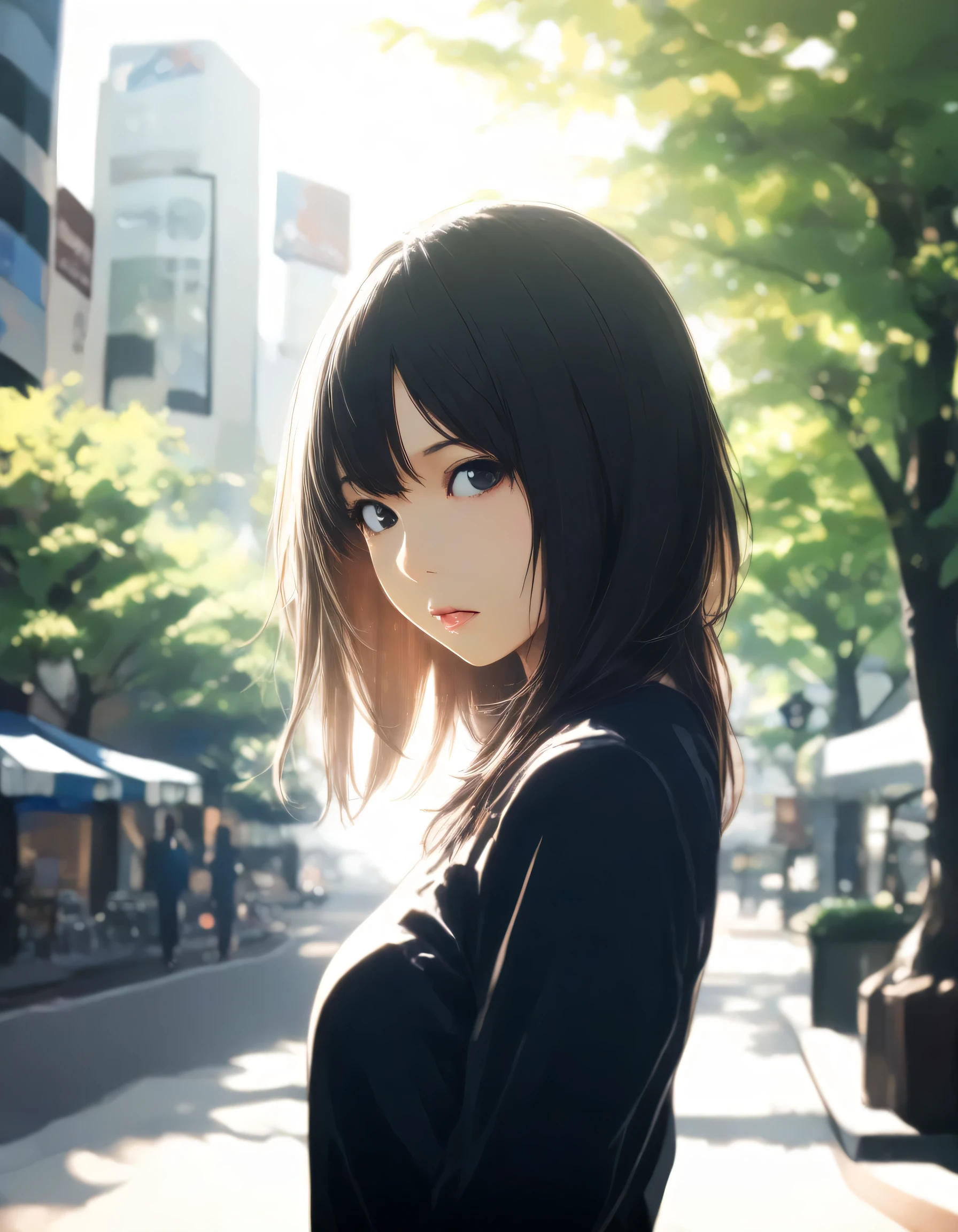 1girl, persona, year 2016, upper body, Shibuya, street tree, morning sunshine, masterpiece, high score, great score, absurdres, 16k, super detail