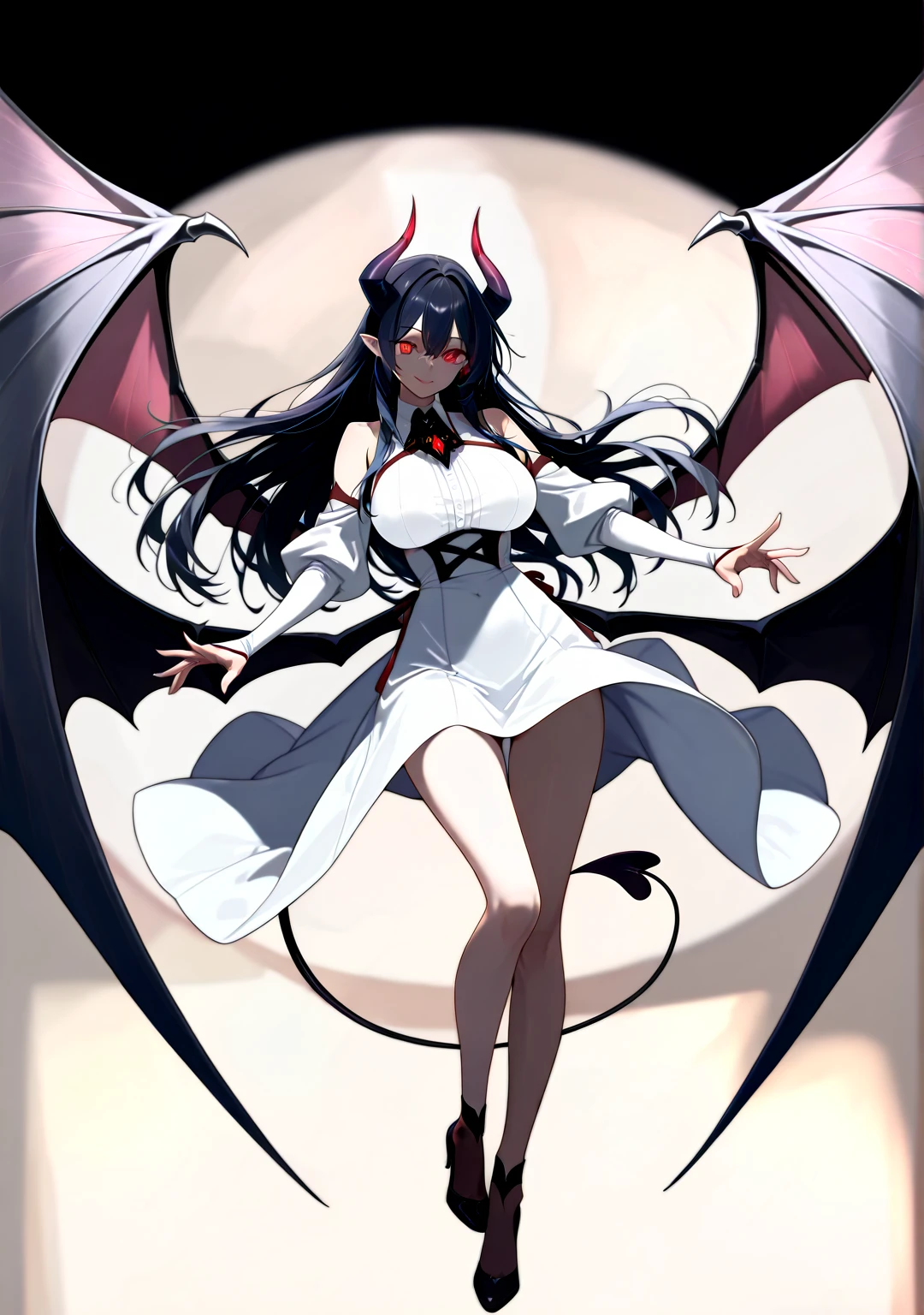 anime - style image of a woman dressed in a costume with horns武将,torn clothes,Black Hair,show off no panties,see-through
