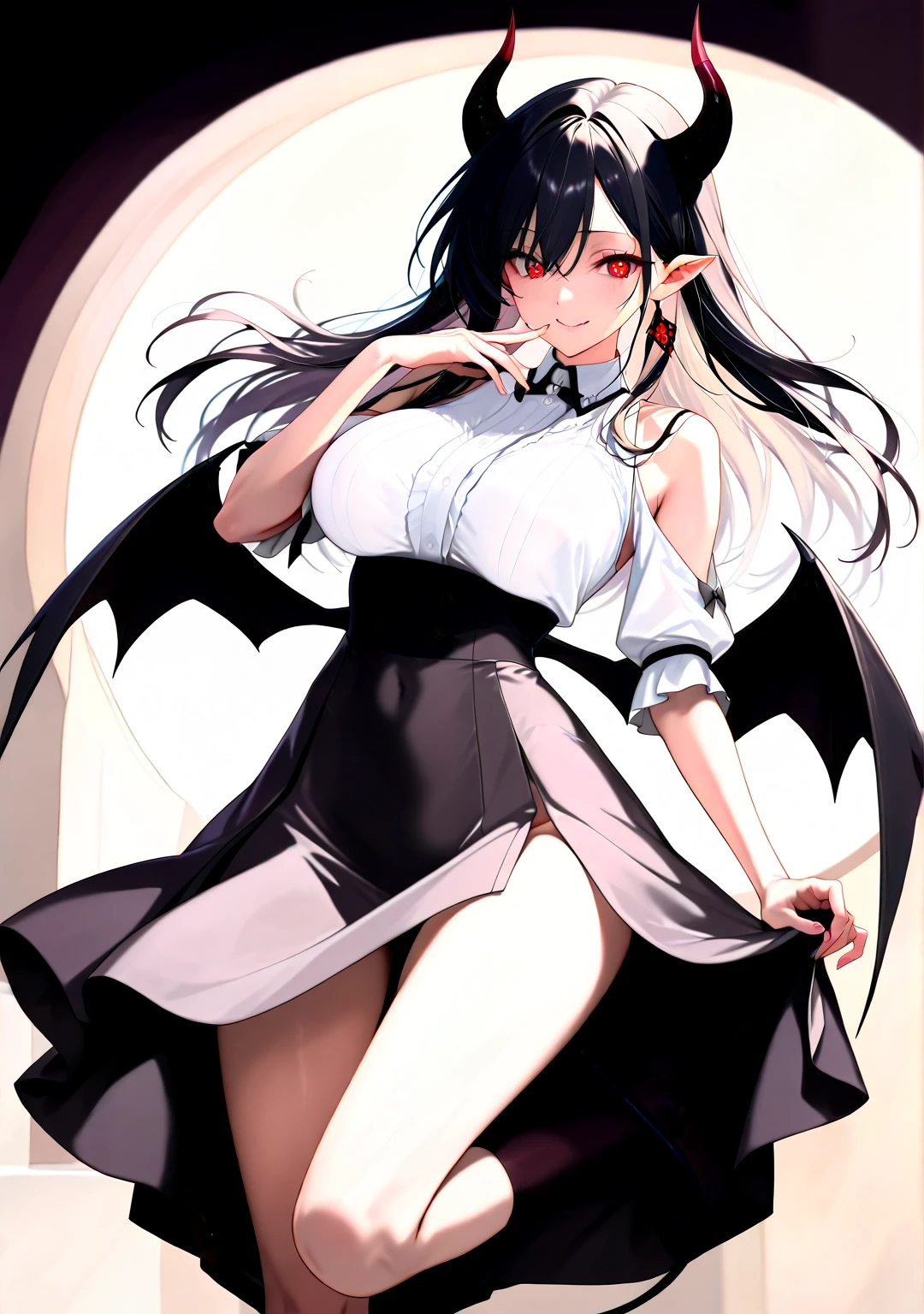 1girl,Line Art,sketch,Pencil drawing,traditional media,1girl, breasts, solo, horns, long hair, albedo (overlord), wings, large breasts, dress, hip vent, black wings, white gloves, gloves, looking at viewer, black hair, white dress, bare shoulders, hair between eyes, yellow eyes, feathered wings, demon horns, smile, feathers, demon girl, cleavage, slit pupils, detached collar, bangs, very long hair, closed mouth, black feathers, cowboy shot, covered navel, elbow gloves, white horns, standing, demon wings ,