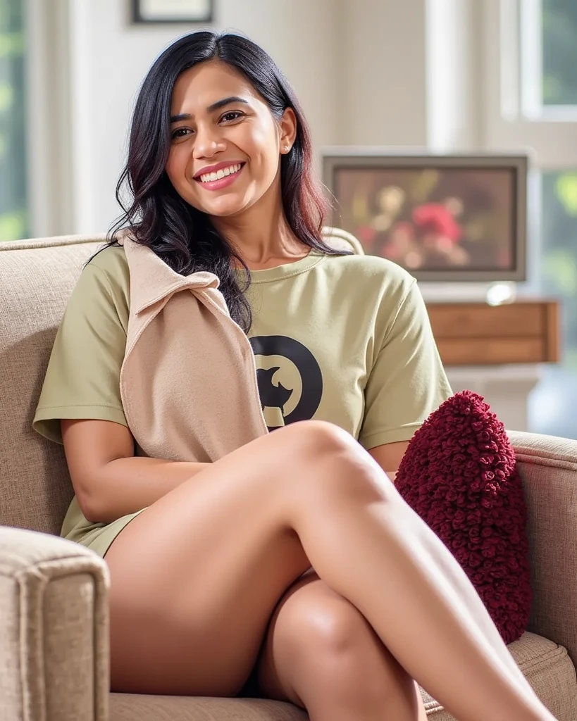 there is a woman sitting on a bed in an orange t-shirt, biquini fio dental branco, mulheres de 35anos, posando em um quarto, ela tem cerca de 35 anos, (35 anos), o extremamente quente e sexy, 8k