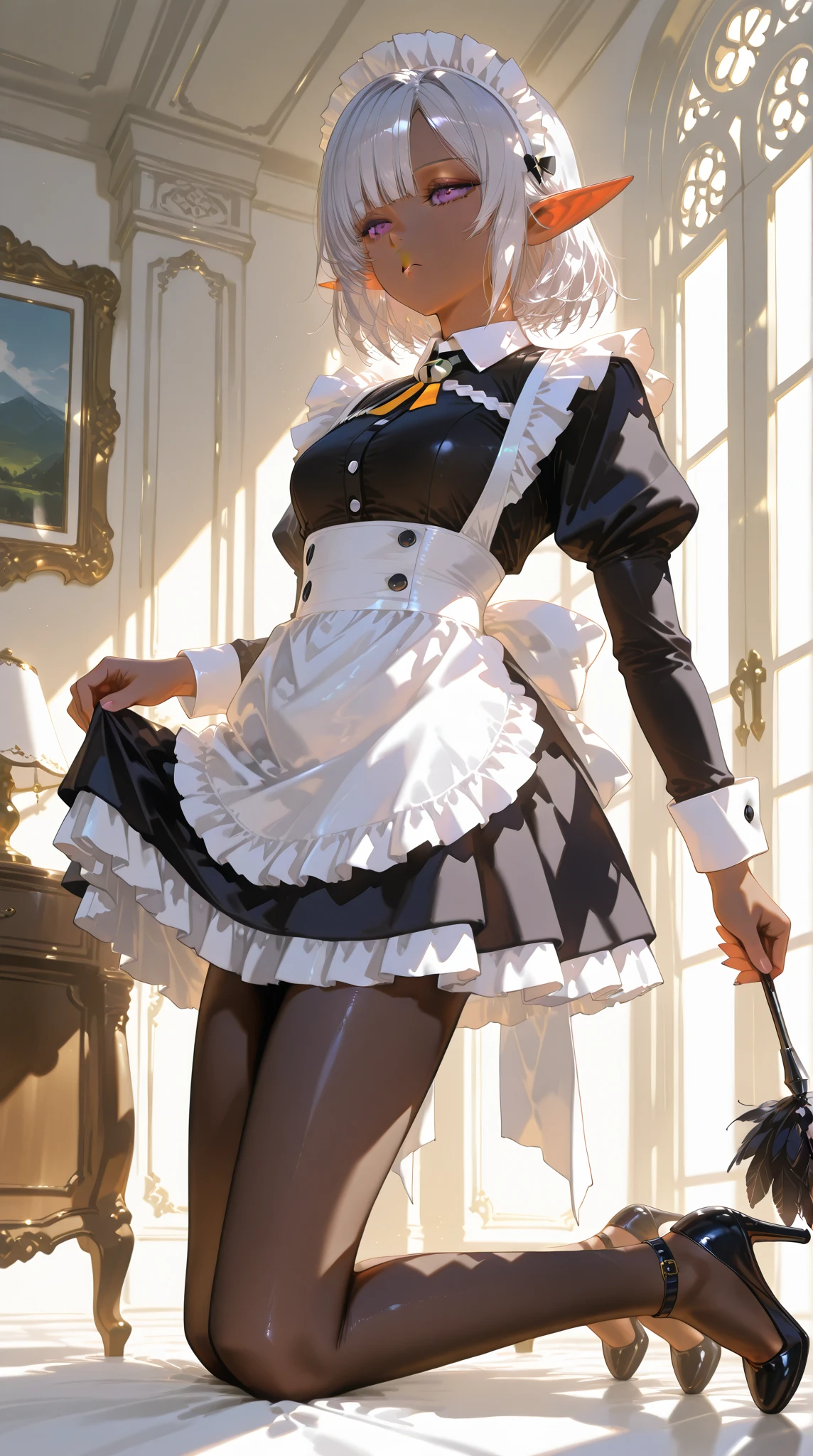 female, standing, right, long_hair, disordered_hair, white_hair, maid in armor, metallic high heels