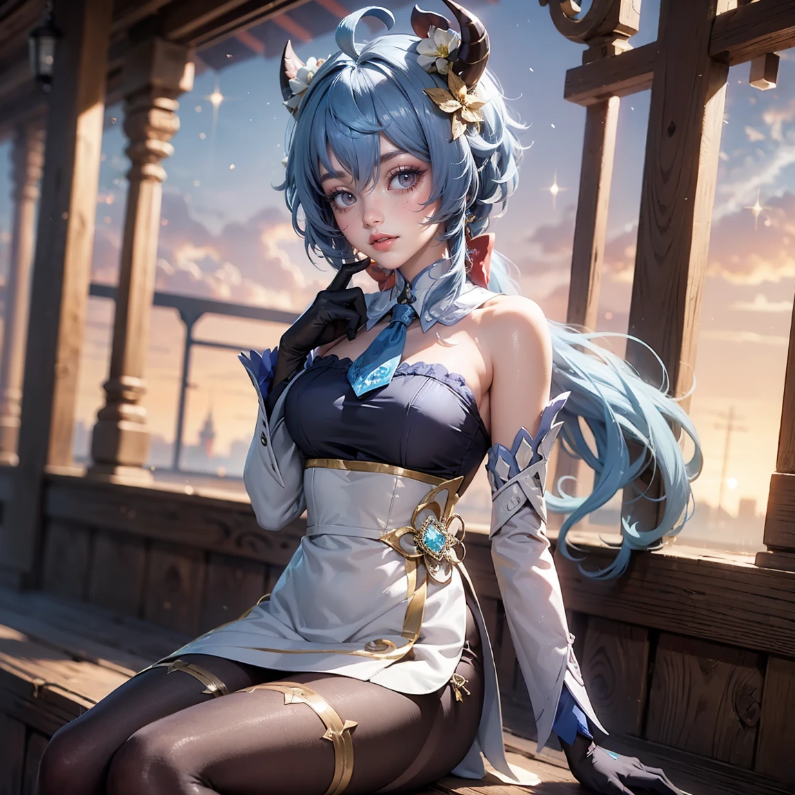 1girl, maid dress, jewelry, blue hair, flowing hair, long hair, white roses, red horns, firefly, oriental architecture, chinese maid dress with a short skirt and layers, frills, white laces, dress with transparency, gold details on her clothes, lake, seat on the water, a garden with lake scenery, more details, perfectly body, perfectly hands, two hands, two legs, two arms, five fingers, glowing hair, solo, alone, best quality, alone, chinesevmaid headdress, choker, detached sleeves, maid dress, strapless, masterpiece, best quality, detailed face, night, asymmetrical gloves, bangs, short skirt , gloves, boots, earrings, elbow gloves, fishnet thigh highs, fish masterpiece, solo, best quality, detailed face, gloves, hair between eyes, jewelry, long hair, looking at viewer, single earring, sky, solo, thigh boots, thigh highs, uneven gloves, sitting
