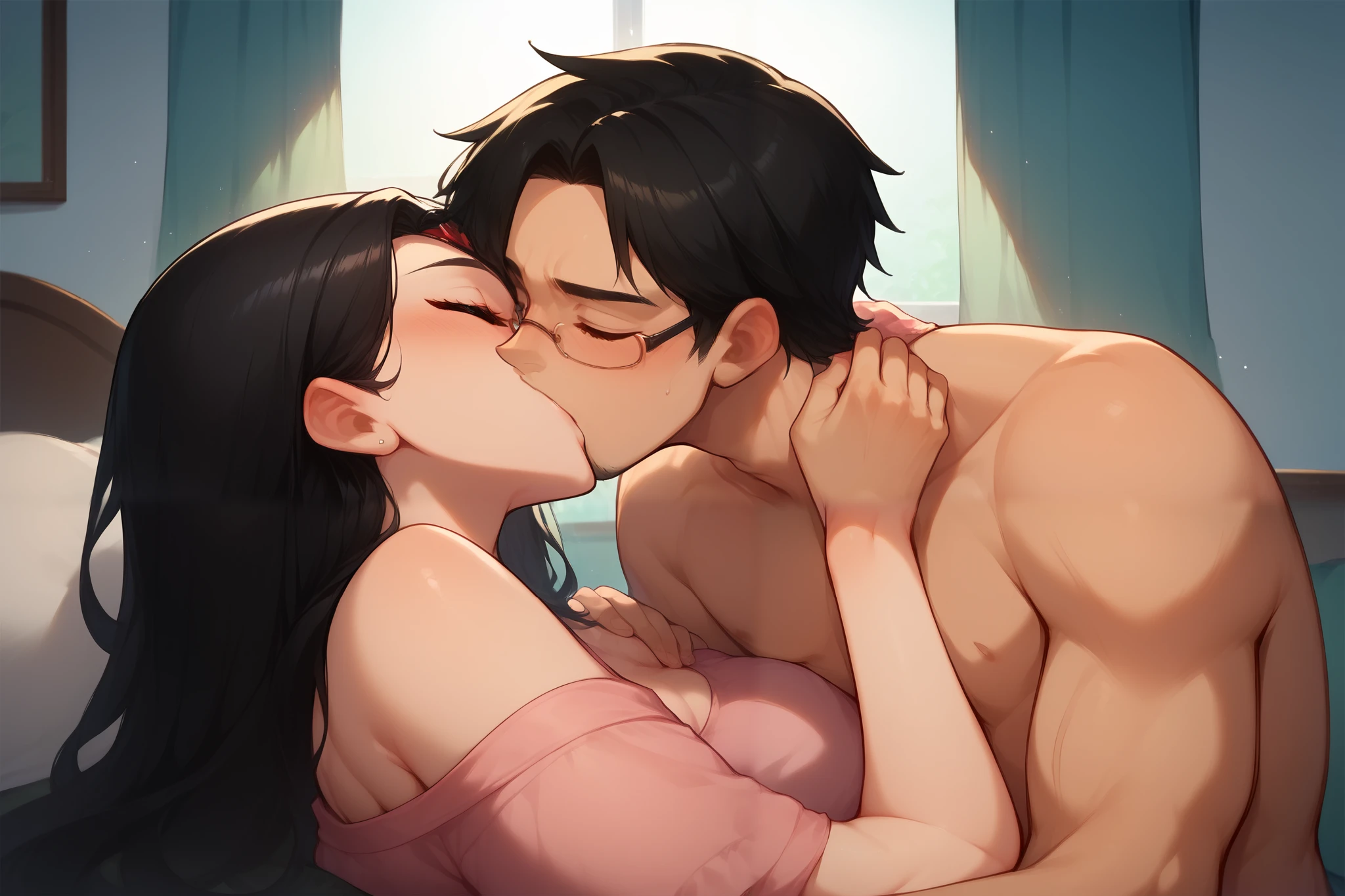 Sexy and cute girl with long straight black hair with glasses wearing an off shoulder nightgown kissing and making out passionately with a shirtless boy on the bed, boy on top of girl, missionary position, intimate, sexy