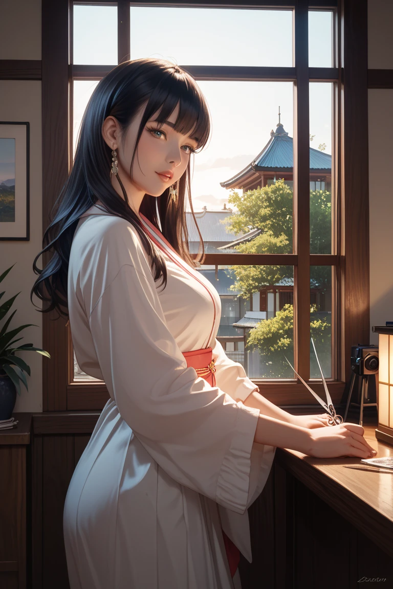 1women, (large breasts),(Very long black hair)٫(Wearing a kimono that exposes her breasts with a buckle design),(Sexy women's socks),(She puts a smoking pipe in her mouth),((masterpiece:1.5), (8k details:1.3), (unlimited details:1.2), (best eyes:1.4), (ultra clothes details:1.3), (highly detailed background), (vibrant colors), (dynamic lighting), (realistic skin texture), (intricate patterns), (sharp focus), (full-body view), (natural poses), (expressive emotions), (cinematic composition),(Sitting in a sexy way)