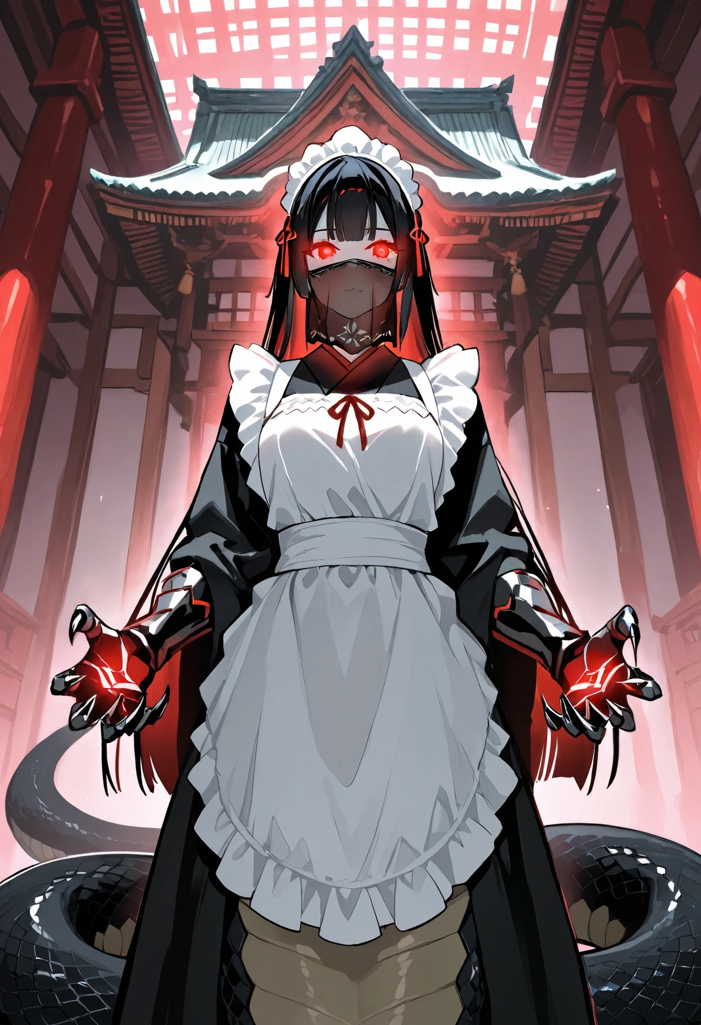 Lamia-style girl. Black snake body. Black straight hair. Face veil. Japanese maid outfit. Armored hand.. Spiky. Red glowing lines. Sharp claws. Glowing eyes. Cat pupils. Japanese-style architecture.