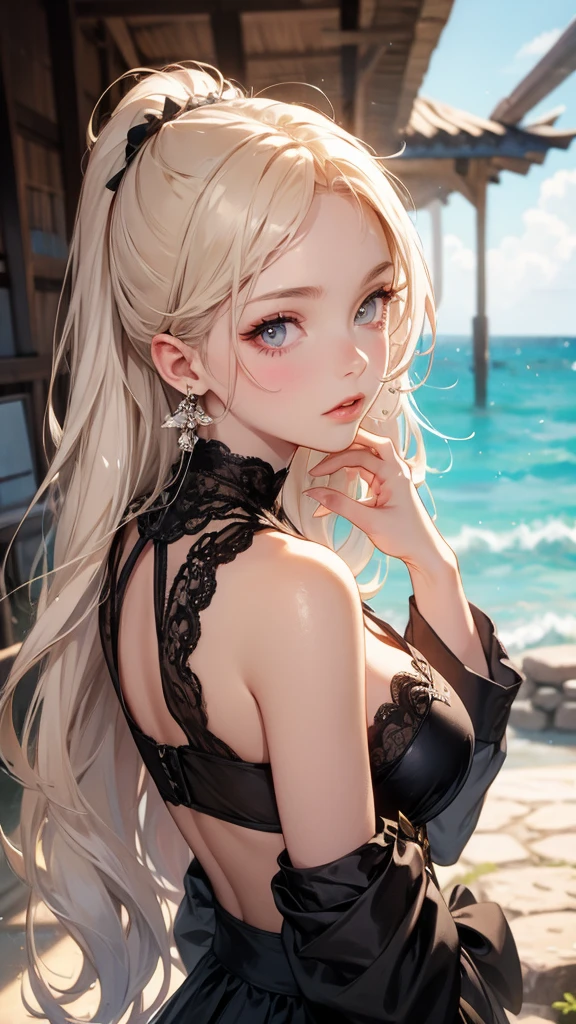 realistic, girl single, gray hair, purple eyes, shining eyes, crop top, skirt, parted lips, blush, night, flower, sun, sunlight, bra