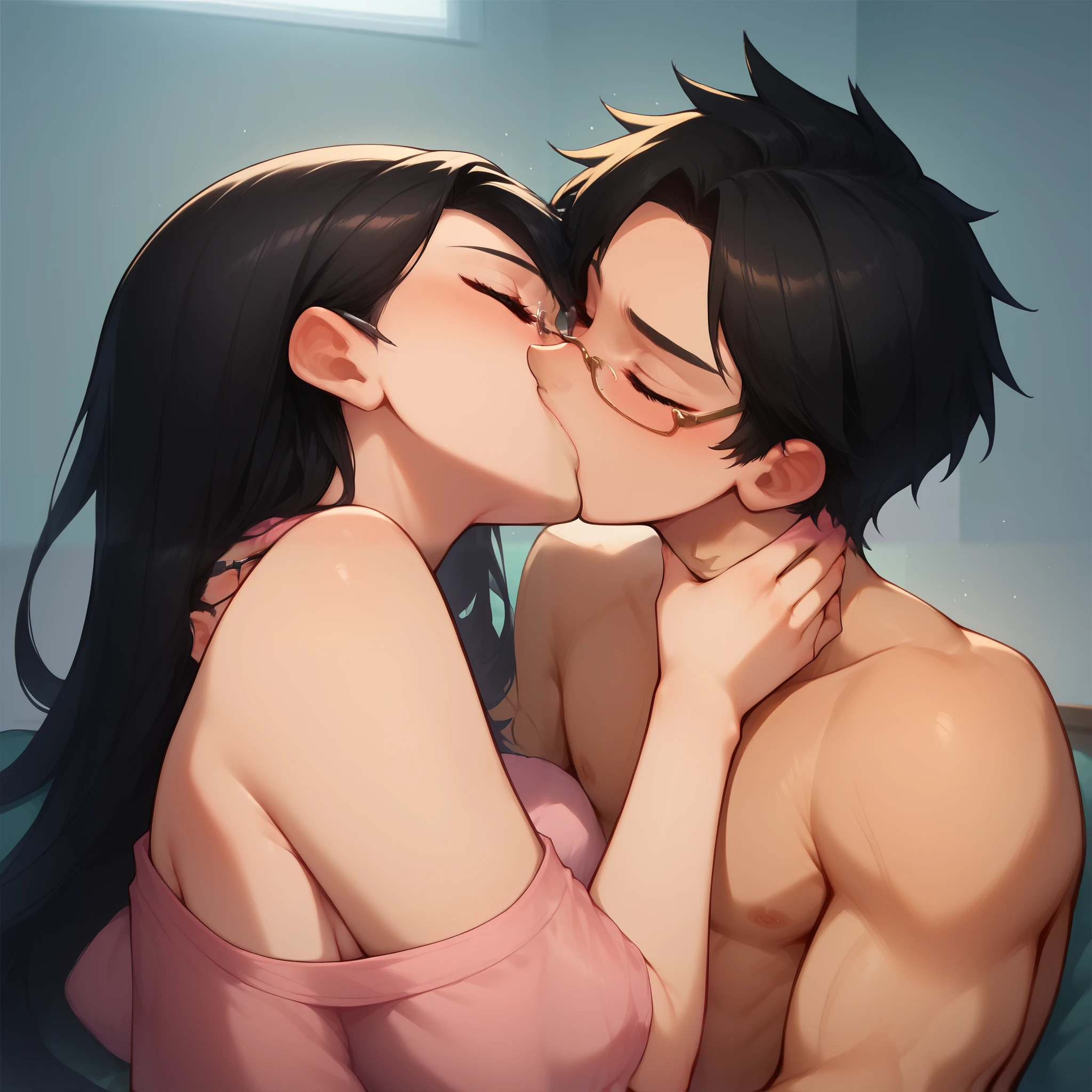 Sexy and cute girl with long straight black hair with glasses wearing an off shoulder nightgown kissing and making out passionately with a shirtless boy on the bed, boy on top of girl, missionary position, intimate, sexy