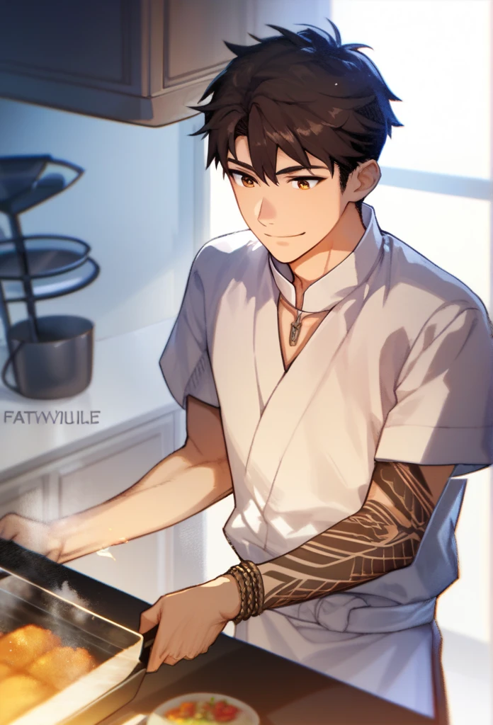 1boy, black hair, bowl cut, wide brown eyes, black turtle neck, androgynous, thigh highs, smile, HD, masterpiece, bedroom, big thighs, slim upper body, smug, best quality