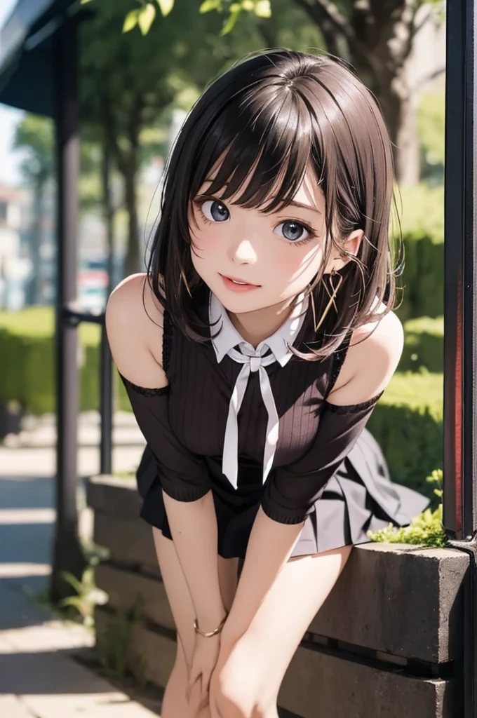 In 8K,highest quality,The real picture,Intricate details,超A high resolution,Depth Field,Masseter muscle area,Natural soft light,Professional Lighting,1 girl,(cute:1.2),Very beautiful 17 year old girl,Detailed eyes,((Brown eyes)),(Black Hair),(short hair),(bangs),Perfect Skin,Shiny skin,Pure white skin,Fine skin,Big and ample breasts,((Perfect Anatomy,Nice hands,Perfect hands,Five fingers connected to the palm,Precise needles without discomfort)),Perfect Barefoot,Delicate legs,Perfect balance,sexy,I can see your chest,((Japanese Uniform)),((Uniform Mini Skirt)),(tie),Black socks,Chano Leather Shoes,Lurking deep in the city,I can see your crotch,Show me your panties in the street,Both legs are bent,Spread your legs in an M shape,,I can see your pants,Slender thighs when viewed from the front(((Accentuate the crotch)))