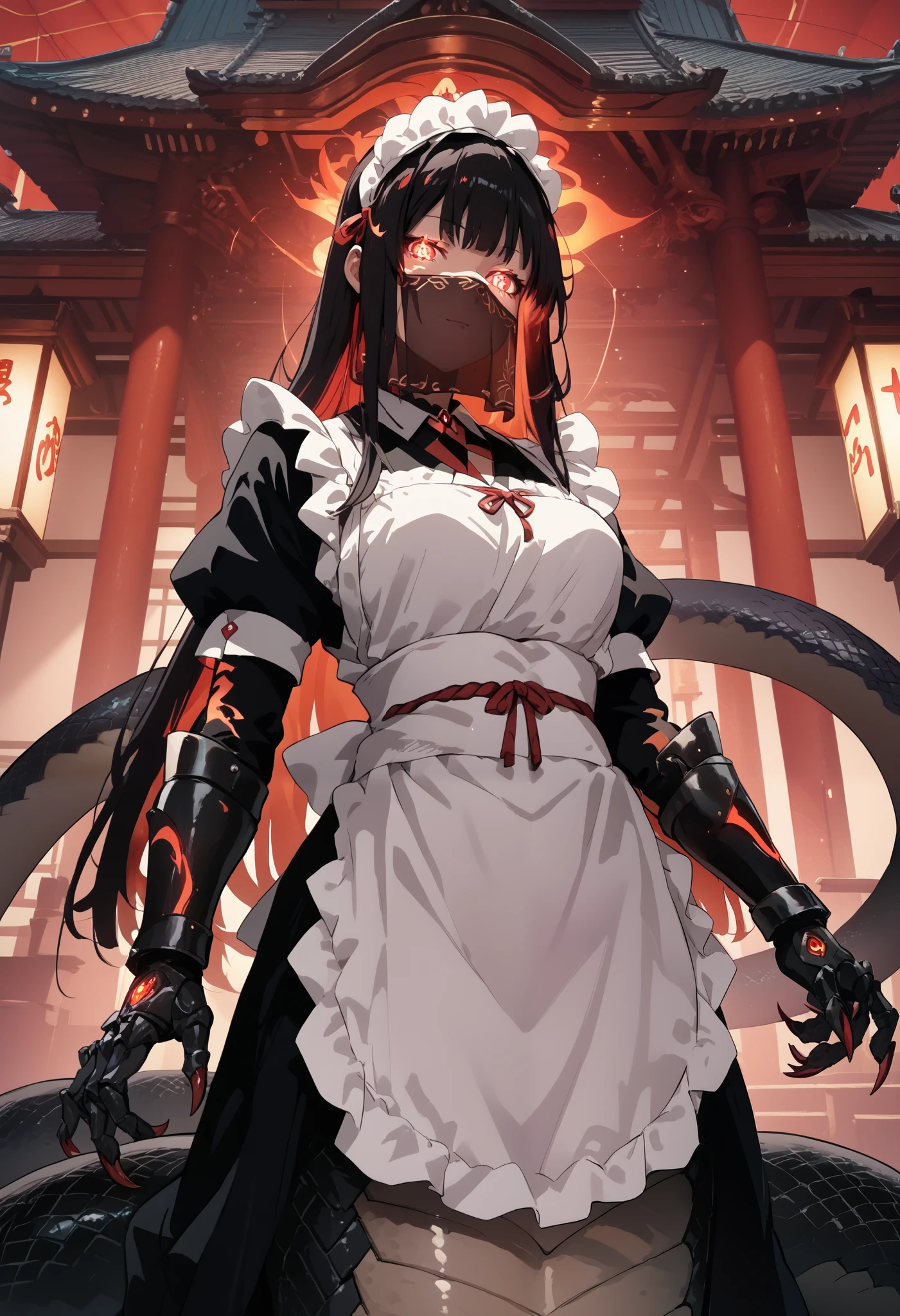Lamia-style girl. Black snake body. Black straight hair. Face veil. Japanese maid outfit. Armored hand.. Spiky. Red glowing lines. Sharp claws. Glowing eyes. Cat pupils. Japanese-style architecture.