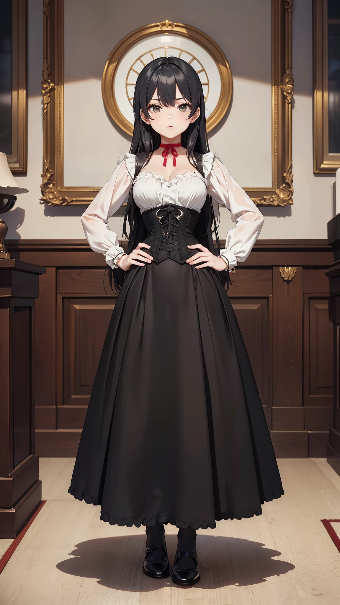 masterpiece, anime style, A young girl, of foot, ( seen from the front ), (( hands on hips)). pretty face, tender look, long black hair, detailed eyes, black eyes, choker : 1.6, ((Victorian style dress in red and white)), corset, (long skirt), self-critical , elegant room, elegant mansion