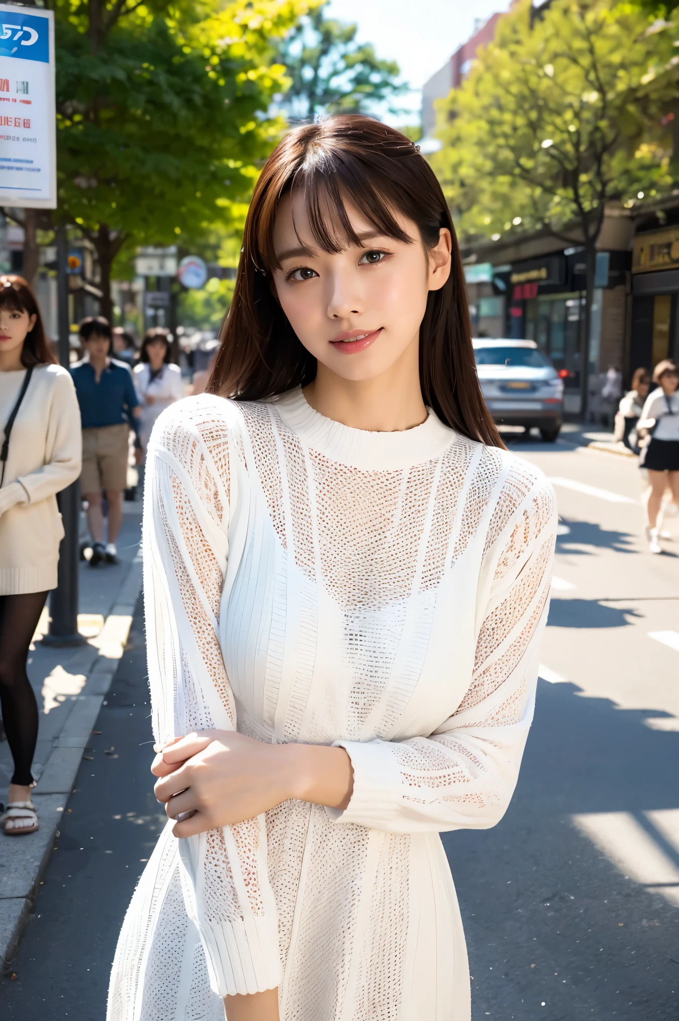 Medium size display,  intermediate shot, written boundary that stands upright in the city,  take a picture of the whole body, movie angles, Action Pose 、 masterpiece, Highest quality, very well detailed, CG,  8k Wallpaper,  beautiful face,  Delicate Eyes, Otome,  alone, smile, cute、 White Knit Dress 、stick out your tongue