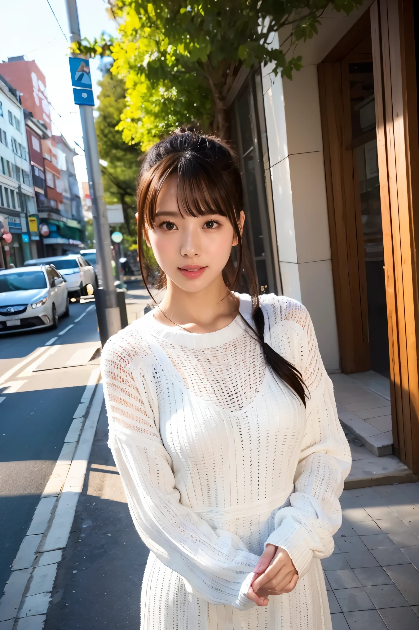 Medium size display, intermediate shot, written boundary that stands upright in the city, take a picture of the whole body, movie angles, Action Pose 、 masterpiece, Highest quality, very well detailed, CG, 8k Wallpaper, beautiful face, Delicate Eyes, Otome, alone, smile, cute、 White Knit Dress 、stick out your tongue