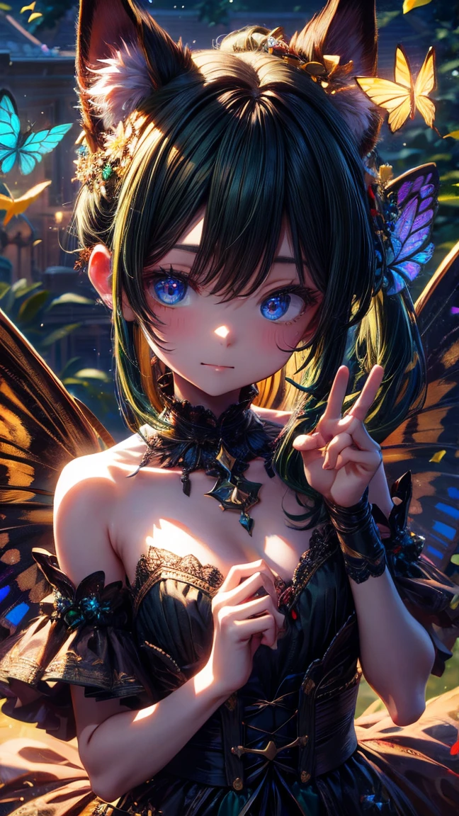 unparalleled masterpiece, ultra realistic 8k CG,masterpiece,pov,(delicate photograph,ultra_detailed,16k,raw photo:1.3),(realistic:1.9,photorealistic:1.9), beautiful detailed eyes,(((1 girl,solo,full body))), 12 years old,blue butterfly, glowing wings, masterpiece, best quality, ultra detailed, flower field, butterfly, windy, night, starry sky, butterfly wings,,butterfly wings,