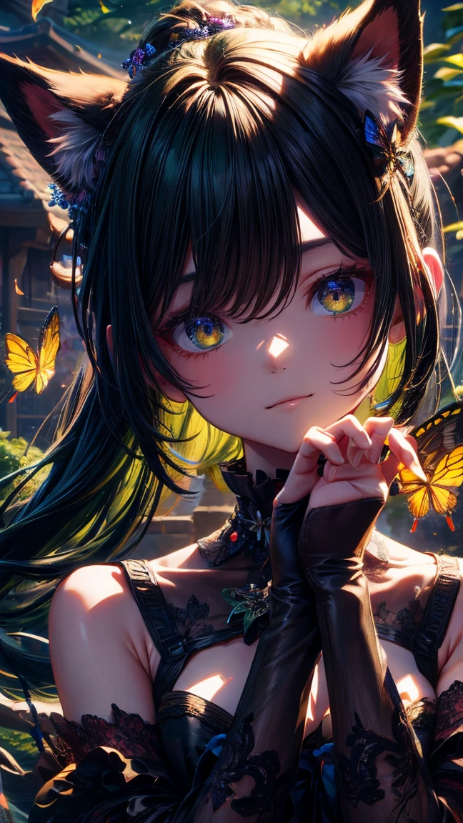 masterpiece, best quality, 1girl, black hair, yellow eyes, long hair, butterflys, night, upper body,