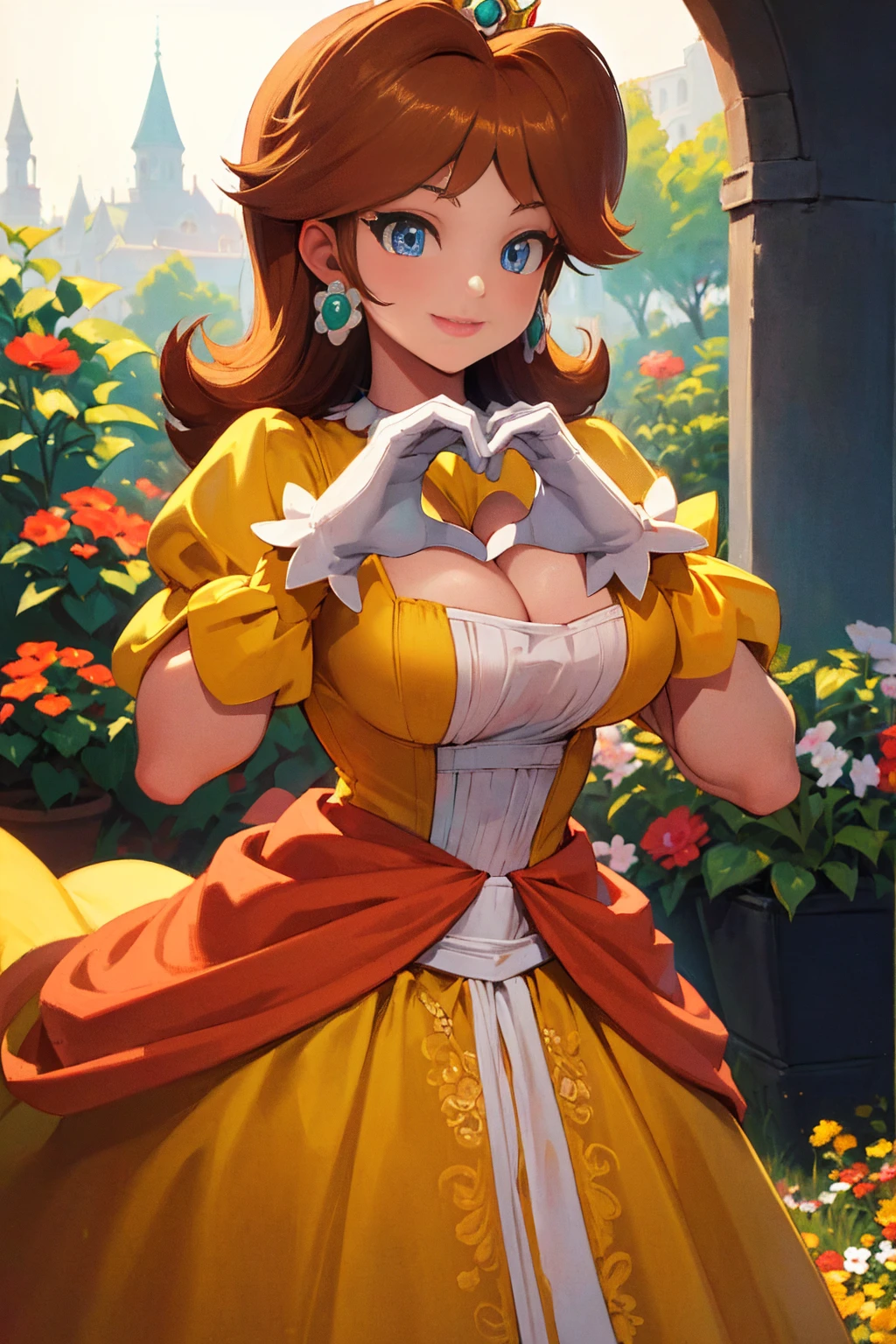 (masterpiece, best quality:1.2), 1girl, solo, Daisy, yellow top with puffed sleeves and an orange skirt, white gloves, crown with orange detailing, bangs, cowboy shot, plains, blue sky, clouds, trees, looking at viewer, huge breasts, cleavage, off shoulder dress, brown eyes 