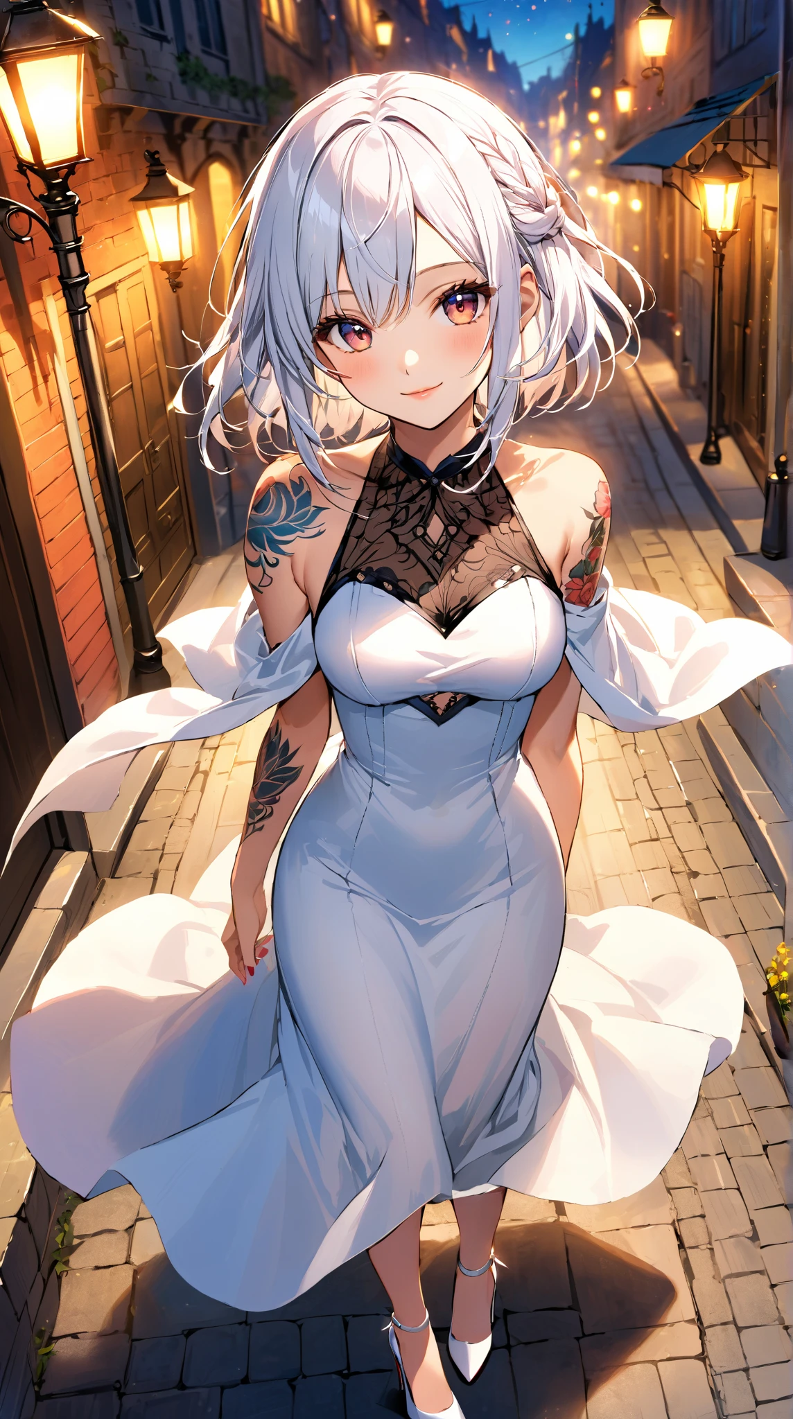 top-quality、Top image quality、in 8K,4K,masterpiece、(NSFW:1.1)、ultra-detailliert、Beautiful、ultra-quality、adult-like、Cool、girl with(((18year old、negligee:1.5、Bust 78、silber hair、a short bob、Red Eyes、erotick:1.4、Happiness、The tattoo)))、hiquality、visualart、Background with((Halloween 1.3))、masutepiece