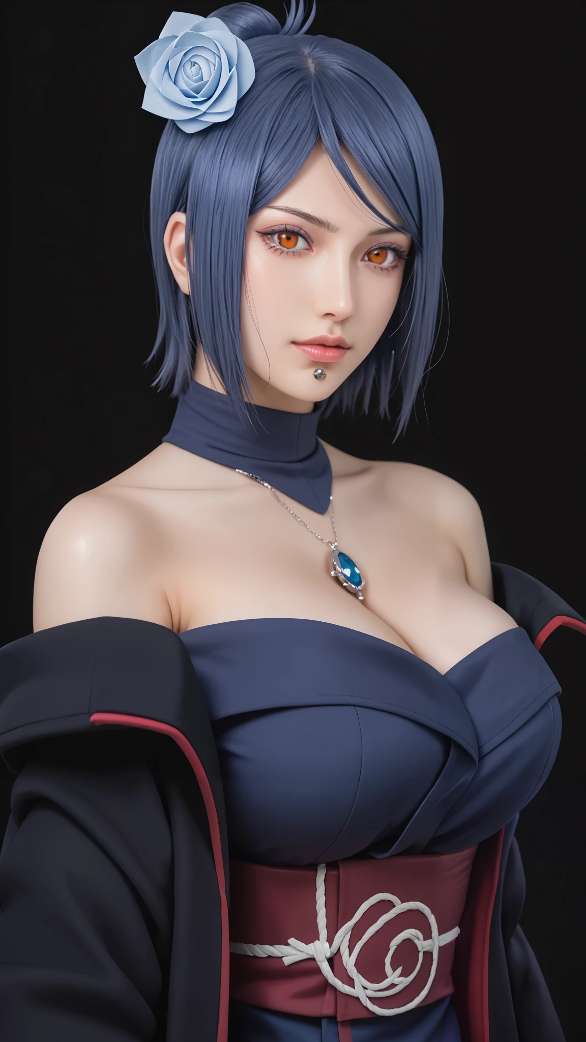 Konan akatsuki,
grayish orange eyes with a sharp gaze.
Dark blue hair, short shoulder length with white paper flower accessory on the right side.
Black Akatsuki coat off the shoulder.
Calm aura, cold gaze, but there is a hidden tenderness.
Background Dull Bridge of Amegakure Village (cloudy sky & rain).
Floating origami paper pieces.
(labret piercing:1.2)
((Dark blue short hair:1.5)),
((Black akatsuki coat off the shoulder:1.3)), ((off-shoulder:1.2)), ((aKatsuki outfit:1.2)),
(cleavage:1.1), ((big breast:1.3)),
masterpiece,ultra realistic,32k,highly detailed 8k unity CG wallpaper,best quality.