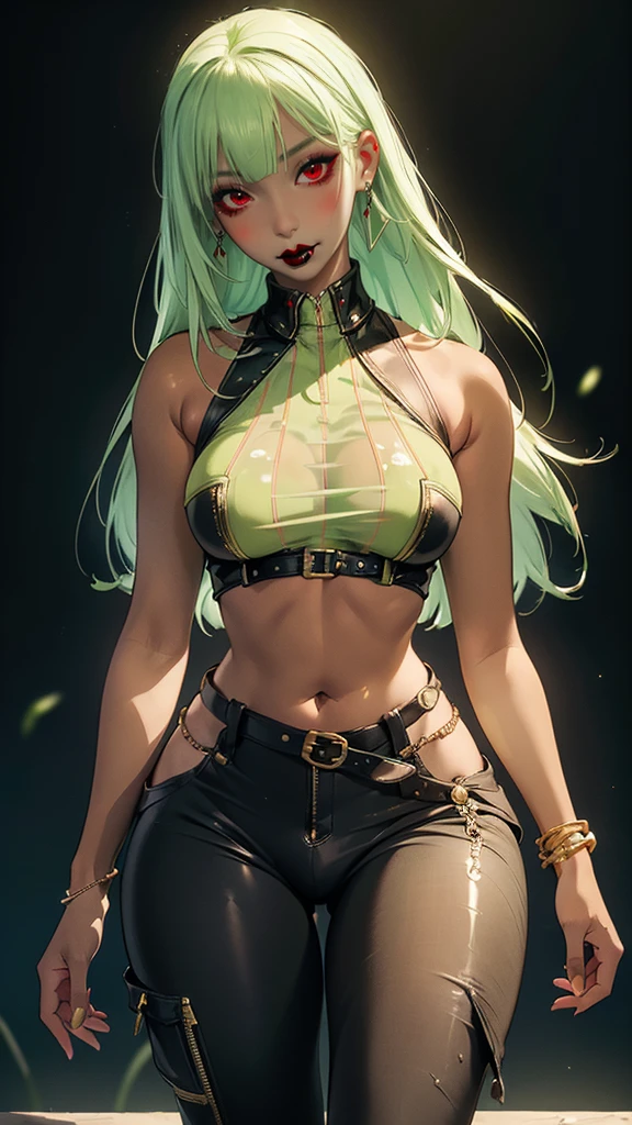 (solo:1.1),(masterpiece), (best quality:1.3),, highly detailed, intricate, professional art, digital art, absurdres, confidant, emerald sustrai, futanari emerald sustrai wearing a Spiked-choker fishnet-crop-top with arm gloves and pants posing confidently in a club,(Black see through top:1.4), (pants:1.6), 1girl, solo, (dark skin:1.5), green hair, bob hair, gold hoop earrings, gold jewellery, ab lines,(gold navel piercing:1.1), detailed stomach, red eye colour, dark skin, average breasts, (aroused:1.2), (futanari:1.1), (wide hips:1.4), (makeup 1:1), beestung lips, (black lipstick:1.3), large penis, panty straps riding hips, (large crotch bulge:1.4), crotch bulge, large testicles , furniture, frontal view, universal lighting