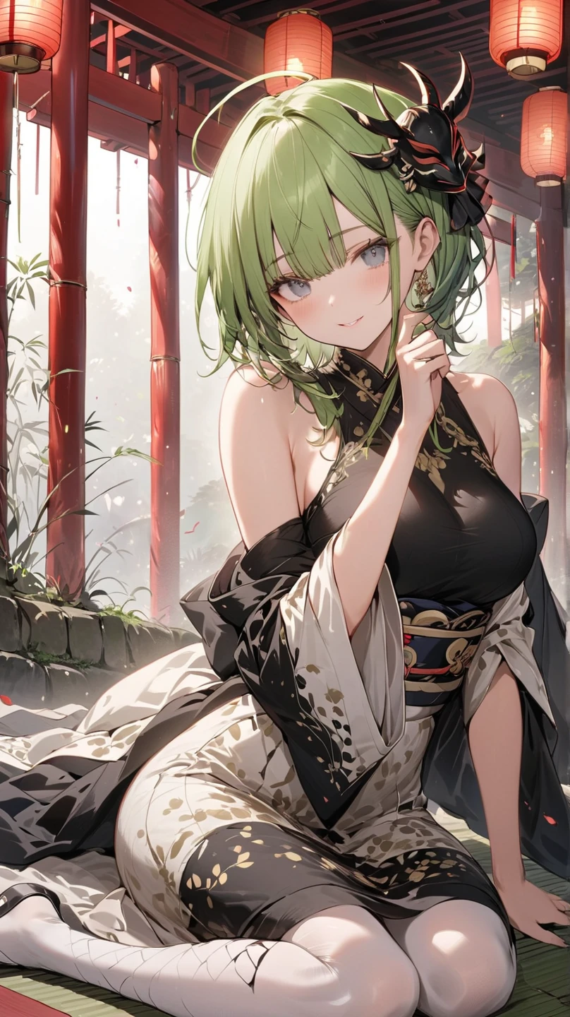 1girl, solo, tatsumaki, kimono, cleavage, bare shoulders, pelvic curtain, arms behind back, green eyes, embarrassed, looking at viewer, standing, simple background,