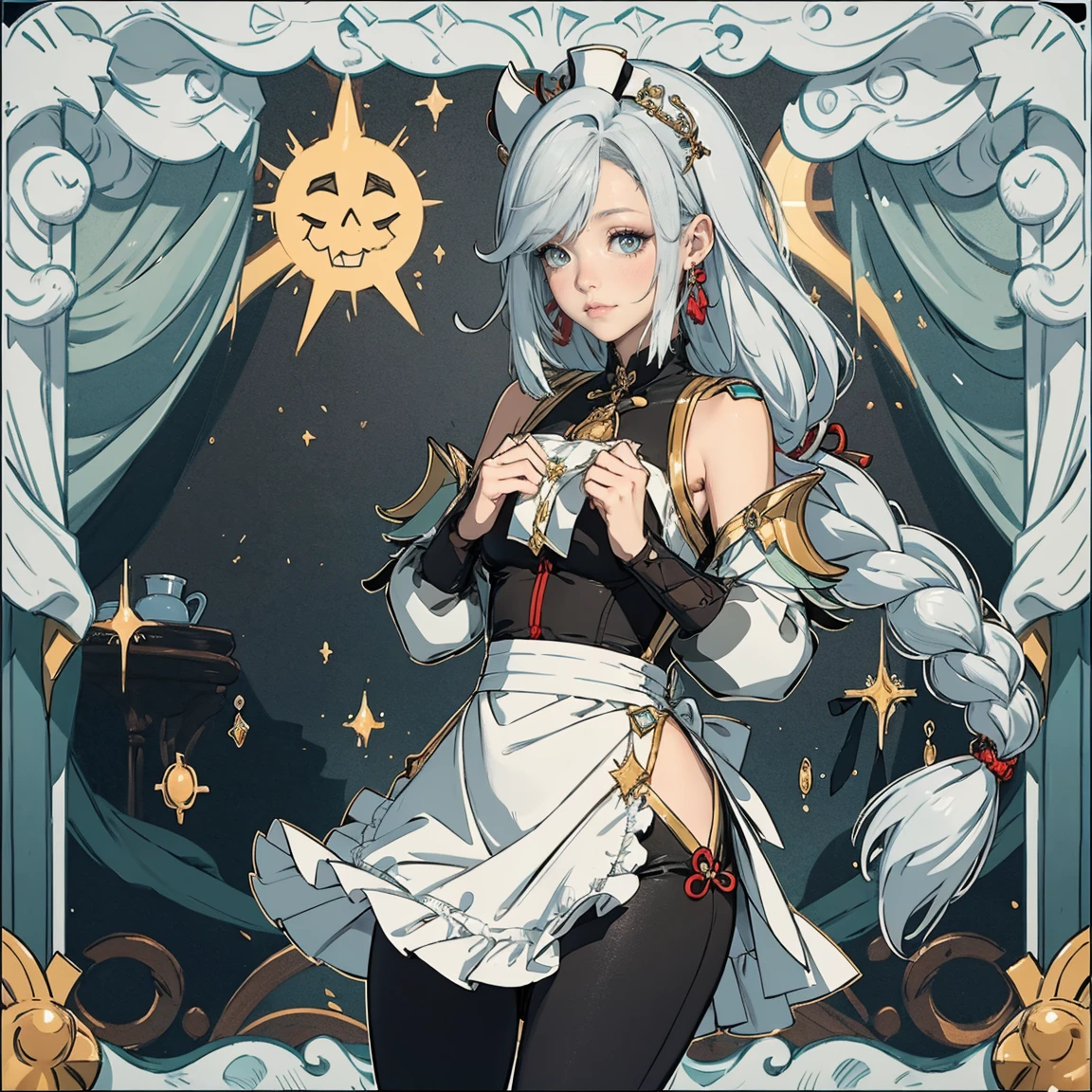 Illustration, UHD, retina, masterpiece, accurate, anatomically correct, super detail, high details, high quality, award winning, best quality, highres, good anatomy, 1080P, HD, 4K, 8k, 16k, 1girl, dynamic pose, androgynous, upper body potrait, detailed eyes, detailed clothes, detailed hair, rendering, 2 hands, 5 fingers, 2 legs, short white hair, low puffy twintails, short locks, blue eyes, resting face, wearing a intricate outfit, wearing knee length puffy thin shorts, thigh high socks, shoes, elbow length sleeve