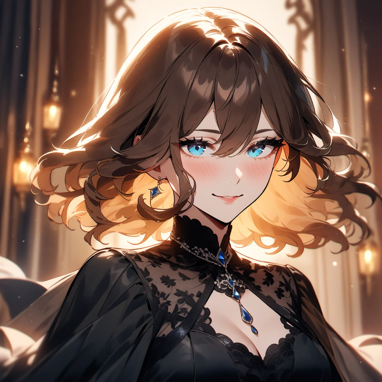 1 girl, blue eyes, brown hair, long hair with bangs, looks at the viewer, sly smile, bruises under the eyes, dressed in a black strapless dress, sleeveless, neckline, medium chest, shawl with fur trim on the shoulders, high black gloves, playing cards, casino, yellow light, details, beautiful, delicate tones, upper body