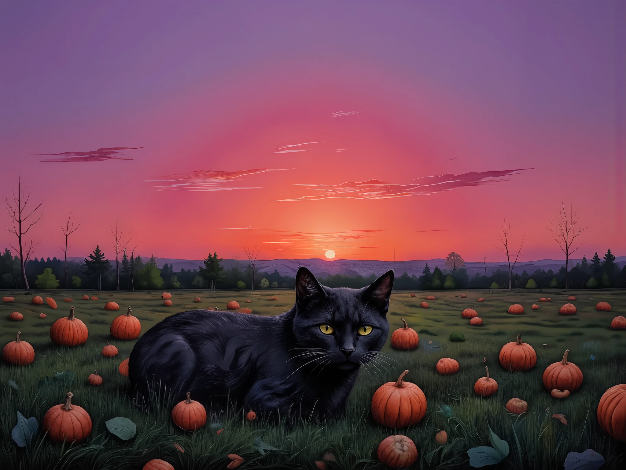 chiaroscuro technique on sensual illustration of female cat, vintage horror, pumkins, matte painting, by Hannah Dale, by Harumi Hironaka, extremely soft colors, vibrant, highly detailed, digital artwork, high contrast, dramatic, refined, golden tonal, monochromatic