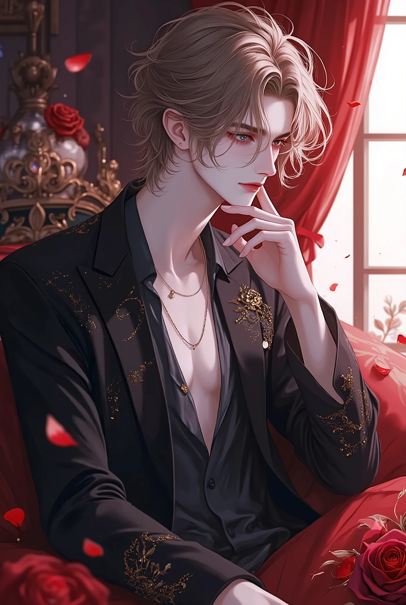 A beautiful villain man falling into darkness in an animated illustration、Dark King 、 beautiful and handsome 、  bright background  、 colorful background 、hope、good night、 kindness 、light、 expressionlessで睨む、 Black Rose 、僕は君をgood nightしてるよ、20 years old、 expressionless、light brown short hair、  tidy hair  、nice hairstyle、light brown eyes、 white skin、Small face、Villain Pose、charming fans、Cardinal 、Villain simple fashion style、The room is sitting on his bed、Sleek illustration、 smoothly drawn 、 painful expression taken from an oblique side、for icons