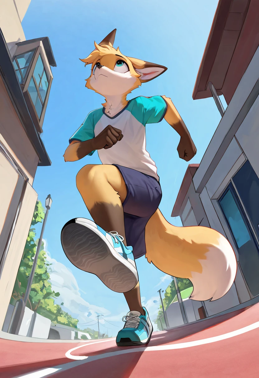 dutch angle, close-up, ose, felid, detailed green eyes, male focus, wearing shirt, shorts, shoes, smile, running, on the street, cityscape, kemono, [3d:photorealstic:0.5], by geppei5959, by kiyosan, <lora:ose-09:0.75>