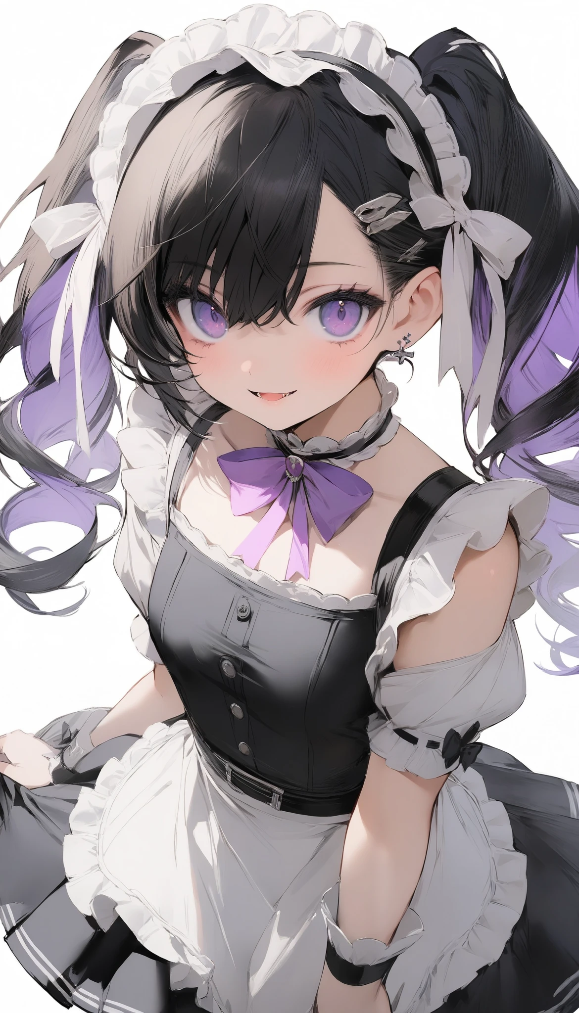 ( masterpiece, Top Quality, Top Quality, beautiful、Midea:1.2), 1 person,Beautiful, who belongs to the band, is cute, Maid clothes and beautiful and cute、 silver and purple inner shorts twin tails , girls on the left, small, ,