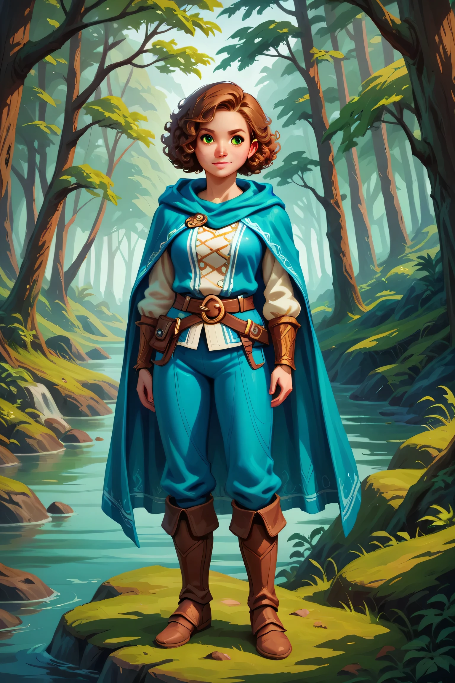 halfling, solo, female, white skin, short stature, curly brown hair, green eyes, rosy cheeks wearing a orange doublet, green hooded cape, leather greaves, grey breeches, leather belt with water skin and small sheath, brown boots, peregrine falcon perched on shoulder, standing atop a boulder overlooking a forest, sunny day, fantasy art, 18th century clothes, pirate era clothing