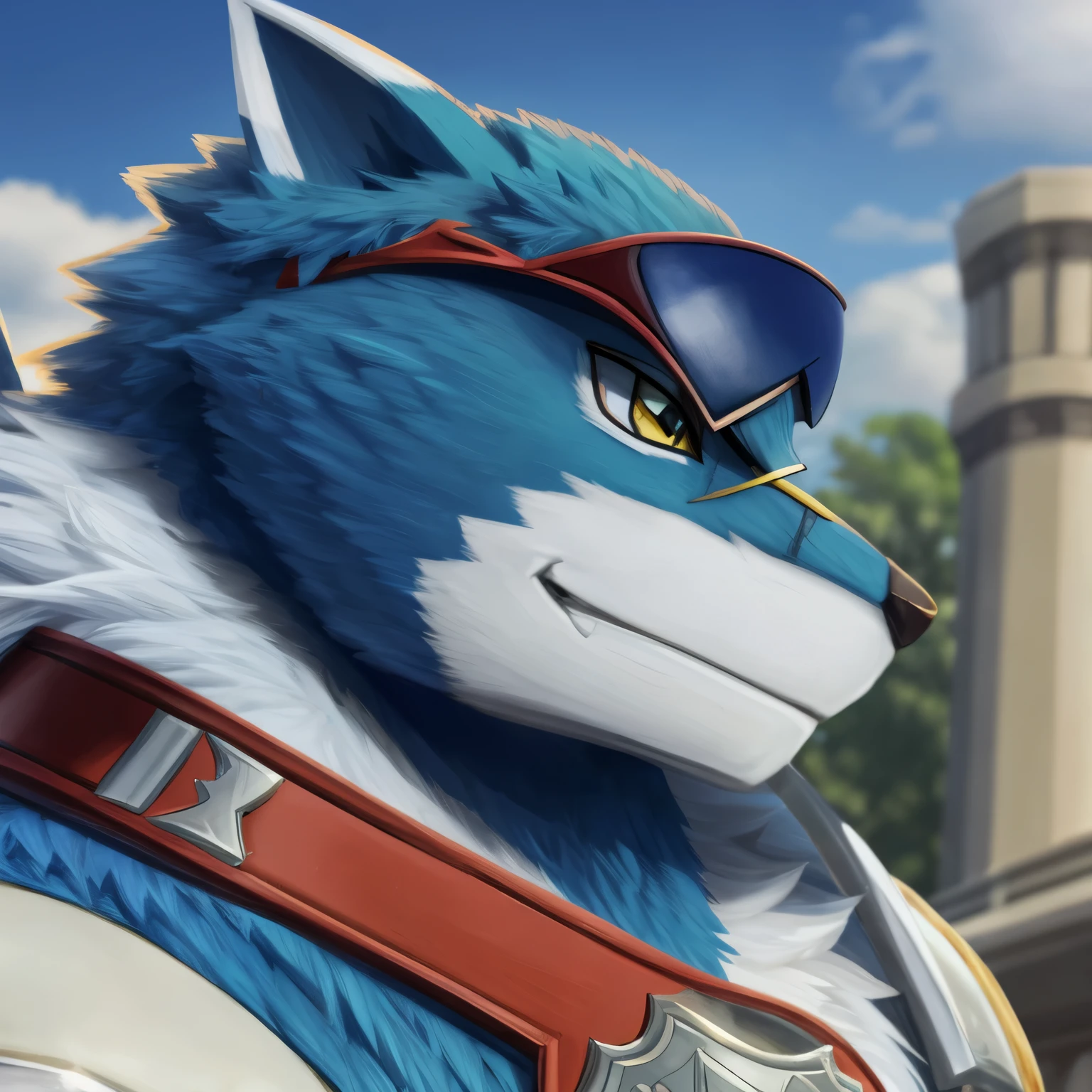 masterpiece, best quality, amazing quality, machgaogamon, furry male, champion belt, pauldrons, sunglasses, close up, side angle, smug