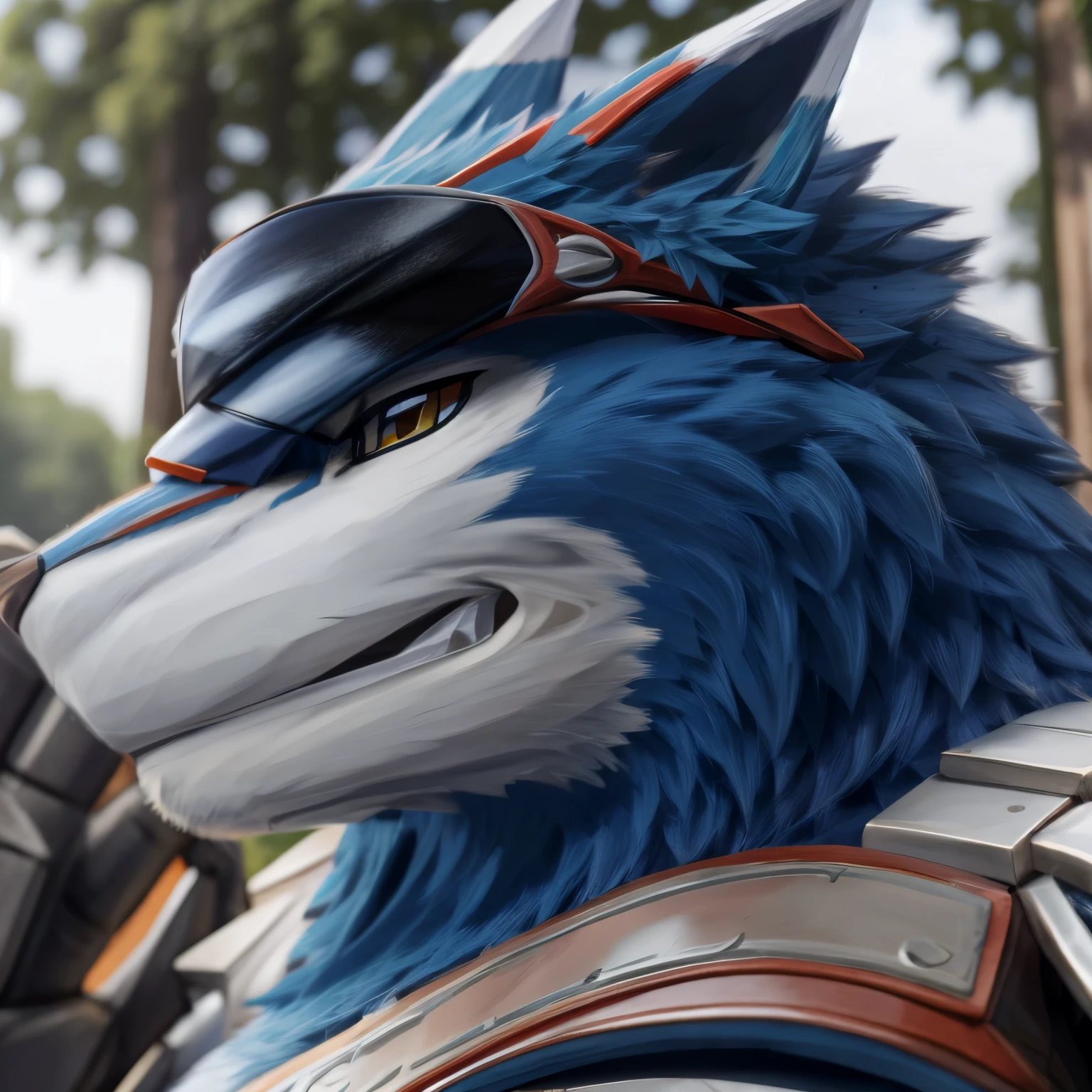 masterpiece, best quality, amazing quality, machgaogamon, furry male, champion belt, pauldrons, sunglasses, close up, side angle, smug