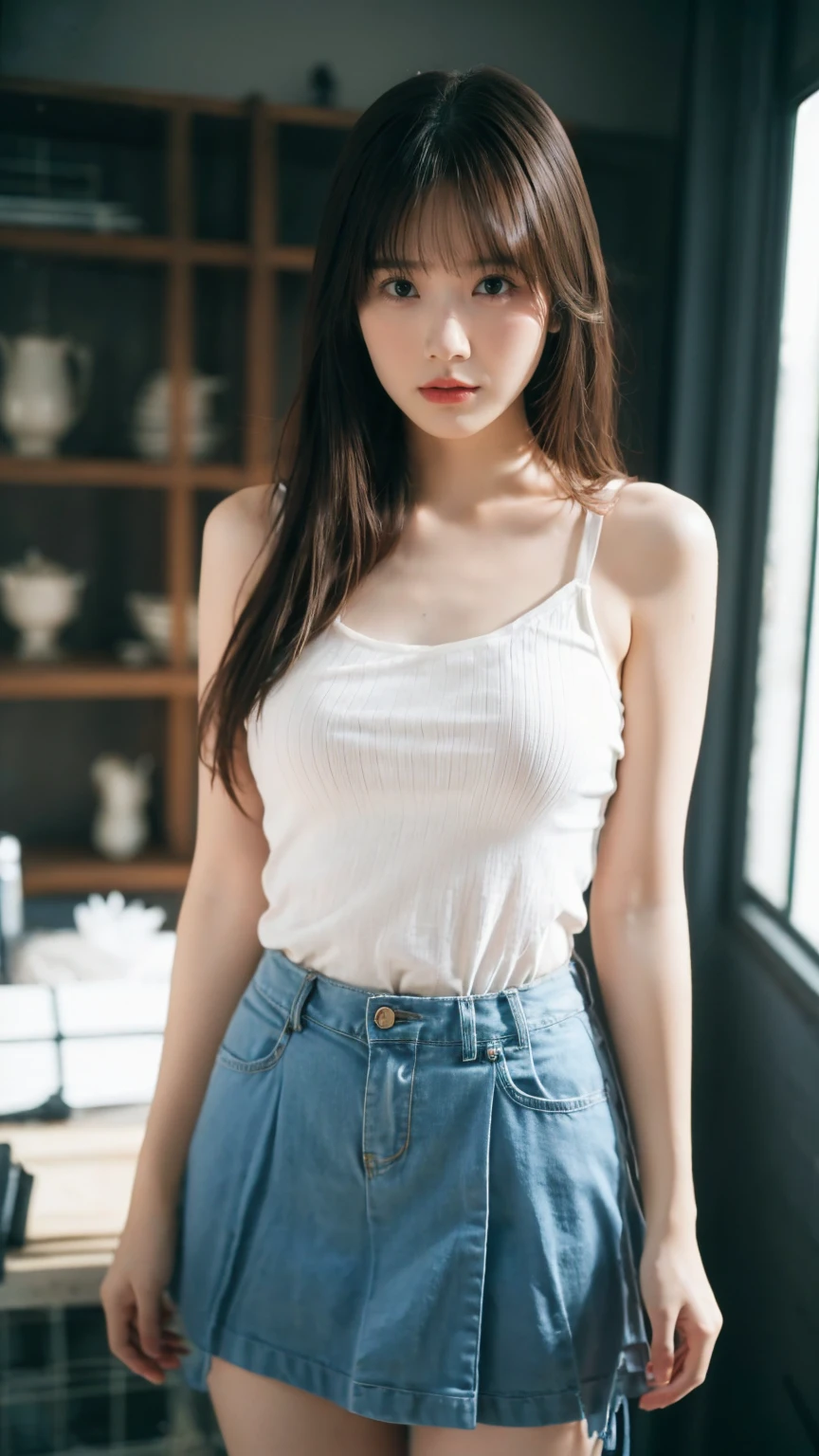 A woman in a white camisole and light jeans poses for a photo, a picture inspired by Ma Won-woo, tumblr, realism, dilraba dilmurat, beautiful korean woman, korean girl, cute korean actress, beautiful korean young woman, gorgeous korean young woman, young cute korean face, Kim young-hin, Nguyen Jia-beautiful! , Korean female fashion model