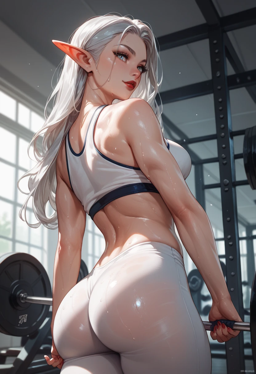 A women wearing sports bra and shorts, taking selfie in mirror, silver hair, pony tail, nose, almond shape eyes, black eyes, big breast, slim waist, perfect shape body, six pack abs, navel , perfect shape ass, hourglass shape figure, natural skin texture, sweating, side view, gym background, masterpiece quality, UHD, super detailed image, High quality image, sharp image, sharp focus, ultra resolution, ultra detailed image, high resolution, 32k, 64k