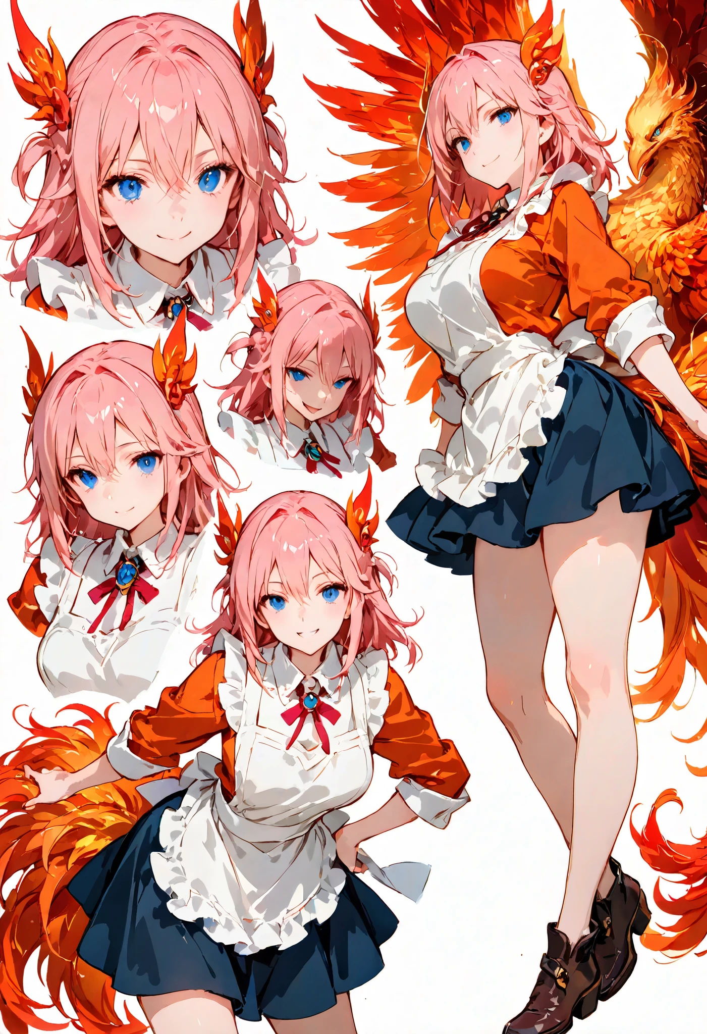 masterpiece, best quality, woman, with motif of phoenix, evil smiling, standing, looking at viewer, Vtuber, semi long, pink hair, skirt, apron, white background, character sheet, hyper detailed, anime, (hard-edged:1.4), golden ratio, highly saturated colors, dynamic pose, wing