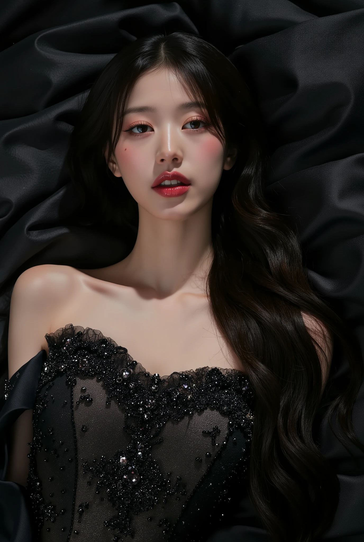 “Dark Siren”
Pose An Exotic Asian Princess reclining pose with the subject lying on a luxurious, dark fabric, looking up with a seductive gaze.
Makeup: Deep, jewel-toned eyeshadows with a glossy, dark lip and shimmering highlighter.
Hairstyle: Long, flowing waves with a touch of metallic sheen.
Outfit: A high-fashion, dark silk gown with intricate beading and embellishments.
Details: Focus on the luxurious textures and the ethereal, dark beauty of the look.