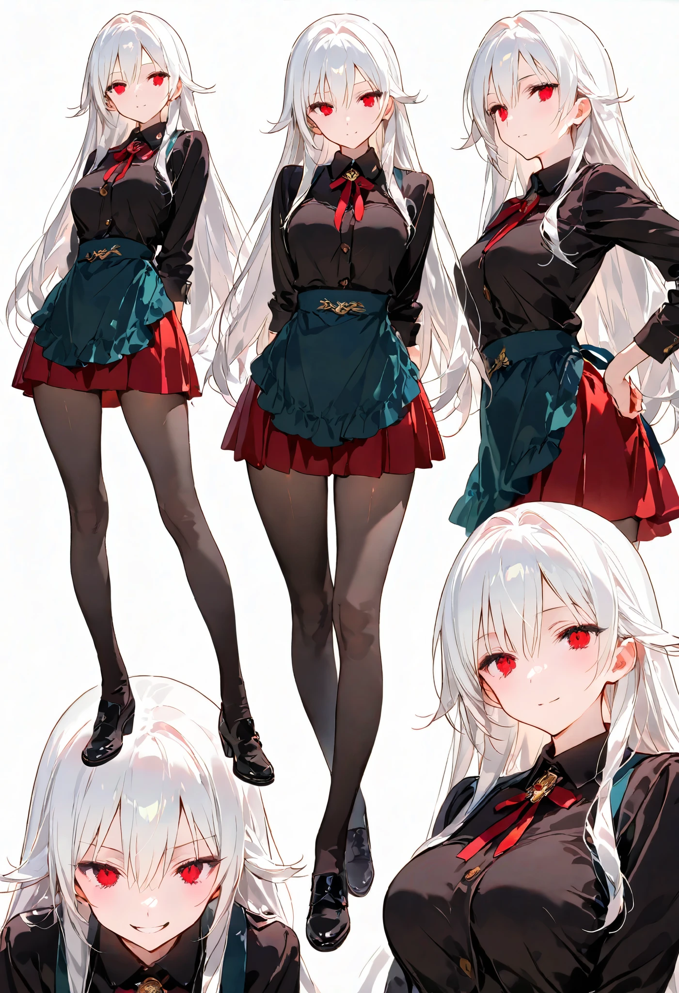 masterpiece, best quality, woman, with motif of phoenix, evil smiling, standing, looking at viewer, Vtuber, semi long, white hair, skirt, apron, white background, character sheet, hyper detailed, anime, (hard-edged:1.4), golden ratio, highly saturated colors, dynamic pose, wing