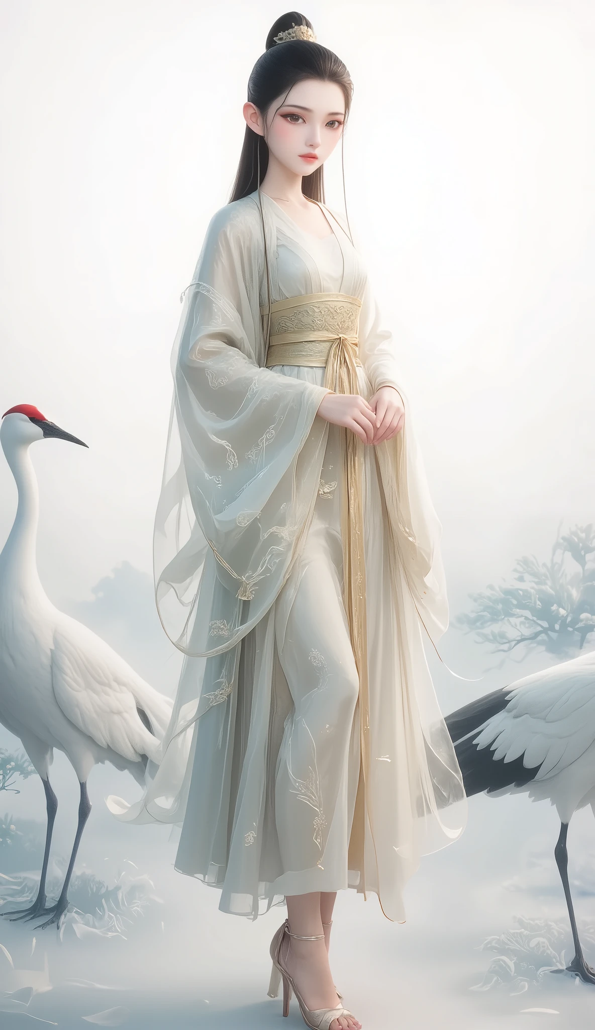 a girl, Ancient Chinese clothing, full body, sunshine, Clear face, Clean White Background , masterpiece, super detailed, Epic Composition, Ultra HD, high quality, Extremely fine, Official Art , Clear 8k Wallpaper , super detailed, 32K,CG,crane girl,Stockings