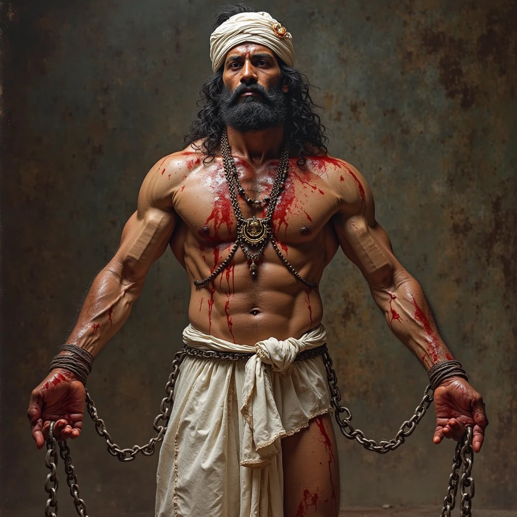 A indian Villan like Face bloody clothes and Bloothy hands Holding up a Bloody Machete and Goat Head On Others Hand  to Cut the Goat Neck . 