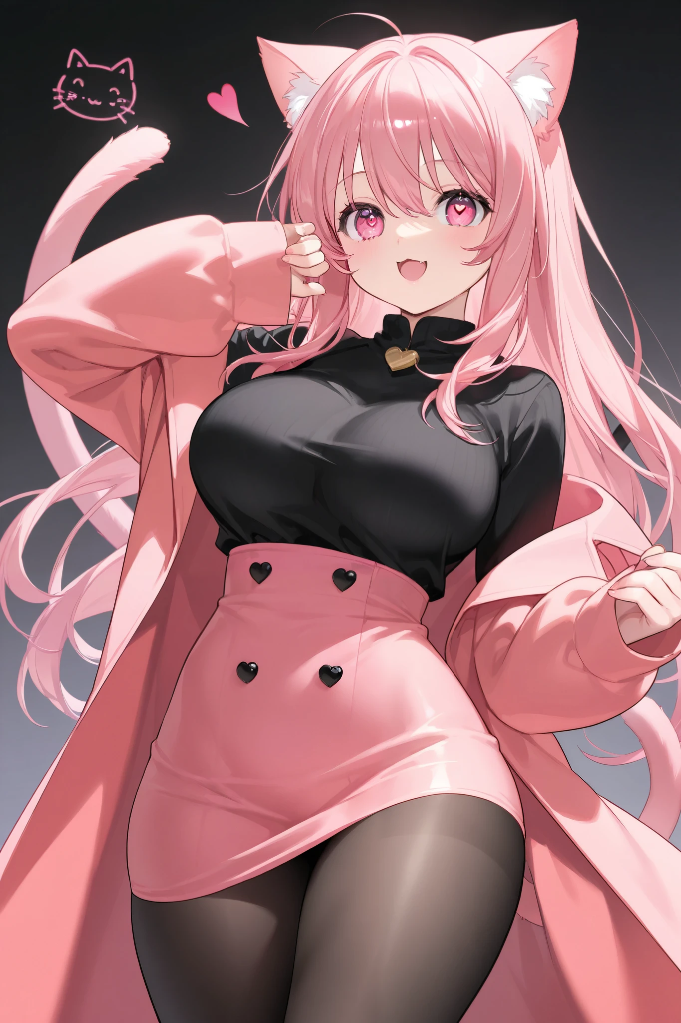 Catgirl, huge turtleneck sweater, red and pink hair, no pants