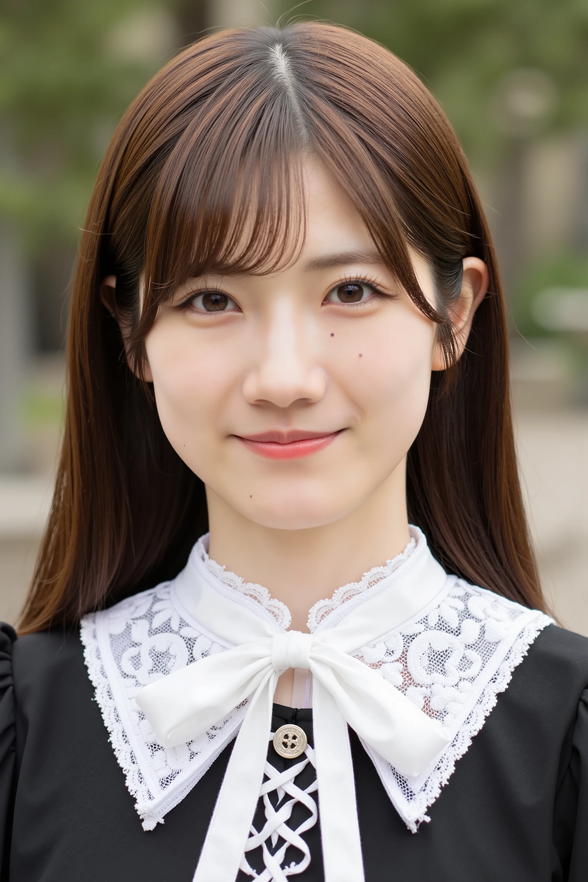 The image is a portrait of a Asian woman named Odakura with long brown hair. She is wearing a black dress with a white lace collar. The collar is tied in a bow at the neckline and has a white ribbon tied around it. She stared directly at the camera, revealing a slight smile. The background is blurred, making the woman the focal point of the image. The lighting is soft and natural, highlighting her features.