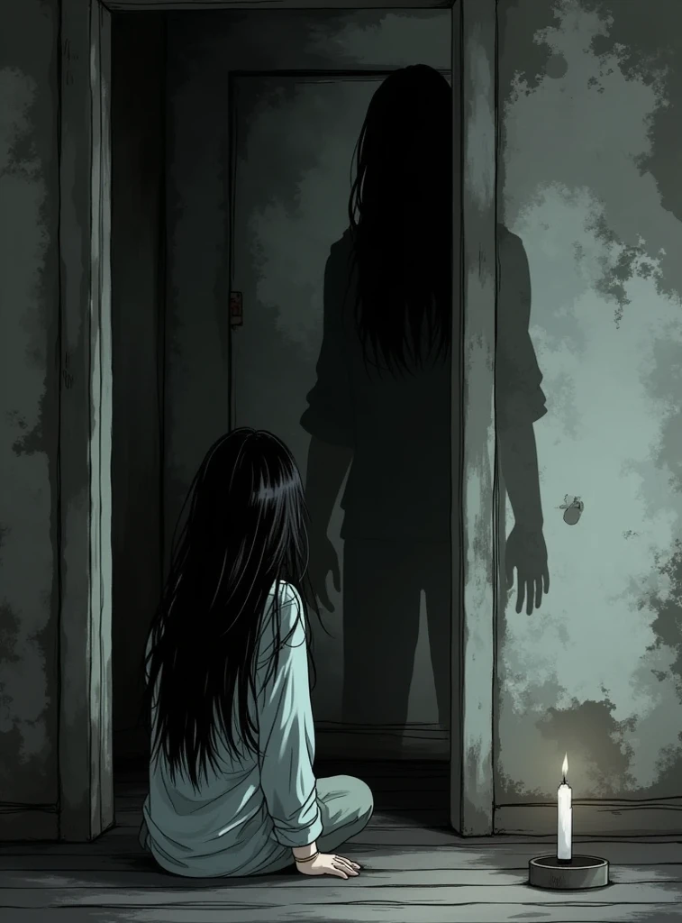Person knocking on the door and girl inside scared and hiding